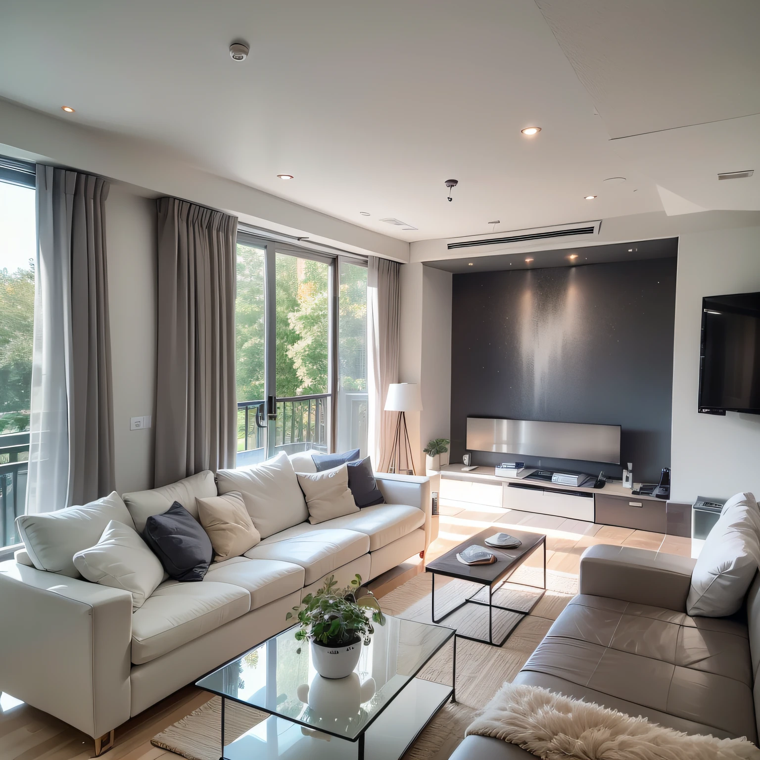 liveroom，Simple and modern，White light，floor to ceiling window，the curtain，sofas