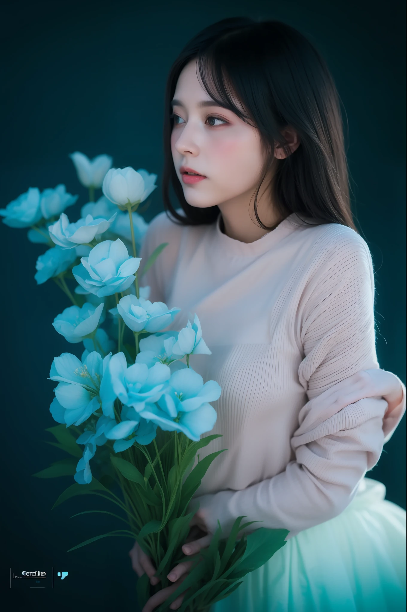 Flower fairy shape Beautiful Dujuan flower goddess Blue gradient light blue is covered with a sea of light pink flowers,Soft light,Neon cold light,Volumetriclighting,Rembrandt lighting,Rembrandt lighting,Cinema4D renderer,flower sea,Split Lighting