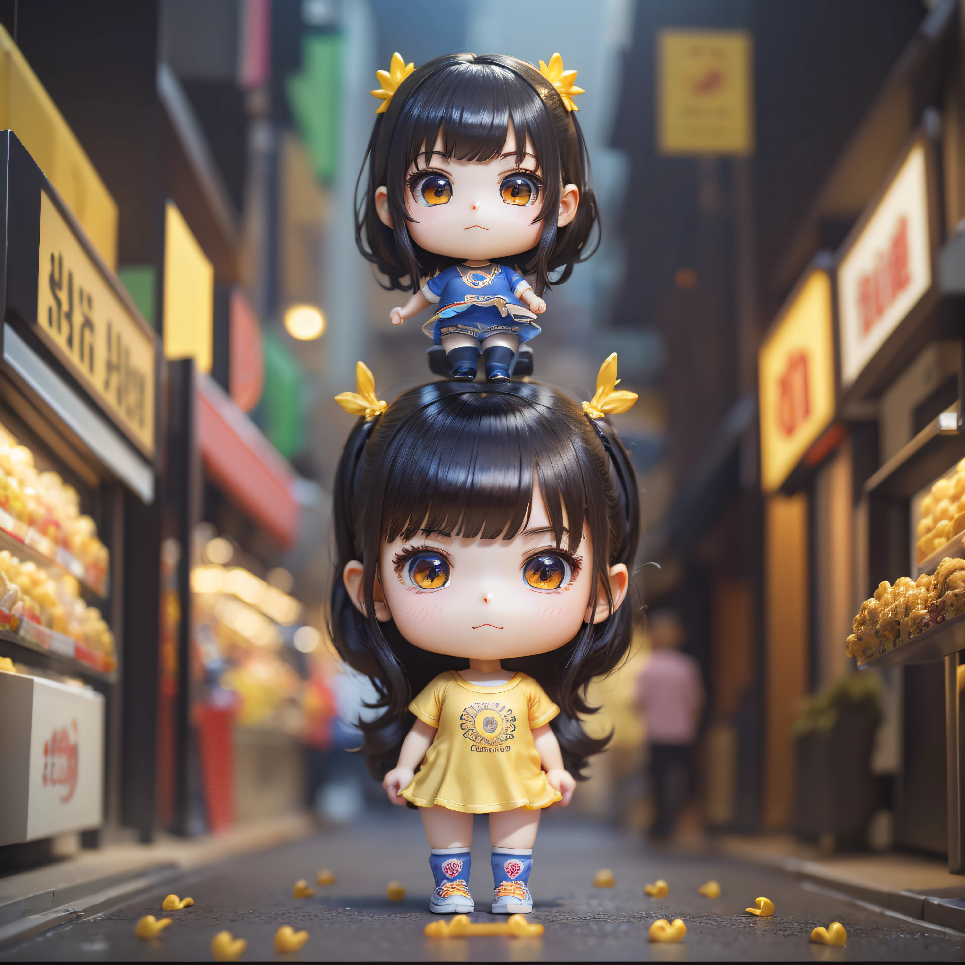 (Masterpiece), (Best Quality), (Highest Detail), (Full Body: 1.2), (Chibi), Moe Girl, 3D, Q Version, Short Black Hair, Girly, Light and Shadow, Female, Girl, Tide Play Blind Box, Q Version Characters, Figures, Dolls, Watery Big Eyes, Laughter, Short Hair, Black Hair, (T-shirt Says: Golden Chicken Feet), Black Leggings, Anatomically Correct, Outdoor Street, Night Market, Food Stalls to Buy Snacks, (Snack Stalls Read: Fishing for Golden Chicken Feet), Background Light, Natural Light, Cinematic Lighting, Clear character outline, best picture quality, higher quality, high detail, super high resolution, 8k resolution, exquisite facial features, perfect face style for Nendoroid, cute 3D rendering, rendering of a cute 3D anime girl, realistic anime 3D style, realistic, super detailed rendering, small people, Unreal Engine 5, 3D anime realistic, anime style 3D, Nendoroid 3D --auto --s2