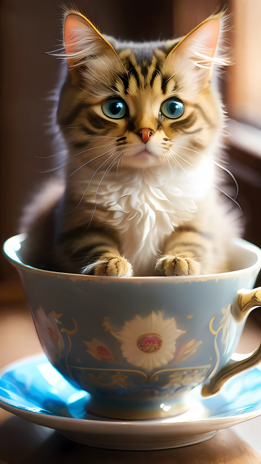 Cat, (Himalayan), (Small)))), in a teacup, Face, Front paws out, 8K, Professional photo, Delicate, Clear, On the table, Inside the house, Sunshine, Light Leak, Masterpiece, ((Pretty))), Fashionable Teacup, (Reality), Plush Toy, Round Pupils