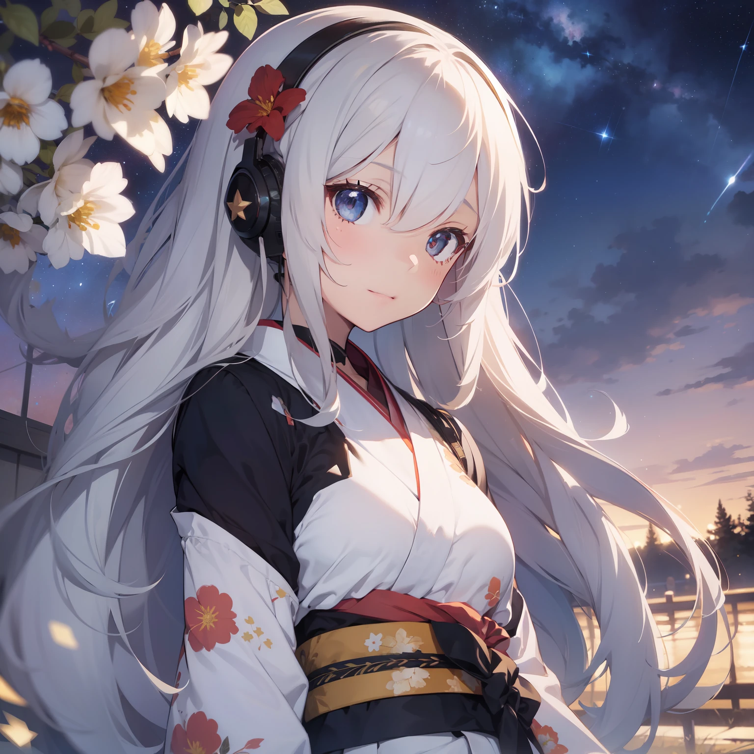 absurdres, perfect anatomy, very cute girl, solo, floral kimono, white long hair, headphone, flower hair, (starry sky backgroud:1.3), tachi-e, best quality, masterpiece, 8k, anatomically correct, 8k