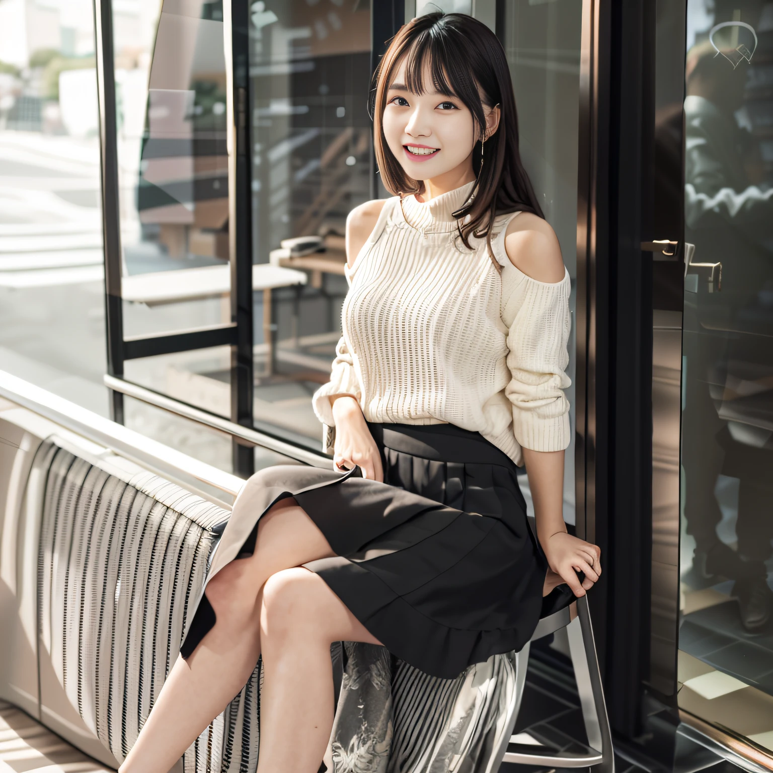 I'm laughing、White sweater、grey skirt、cafes