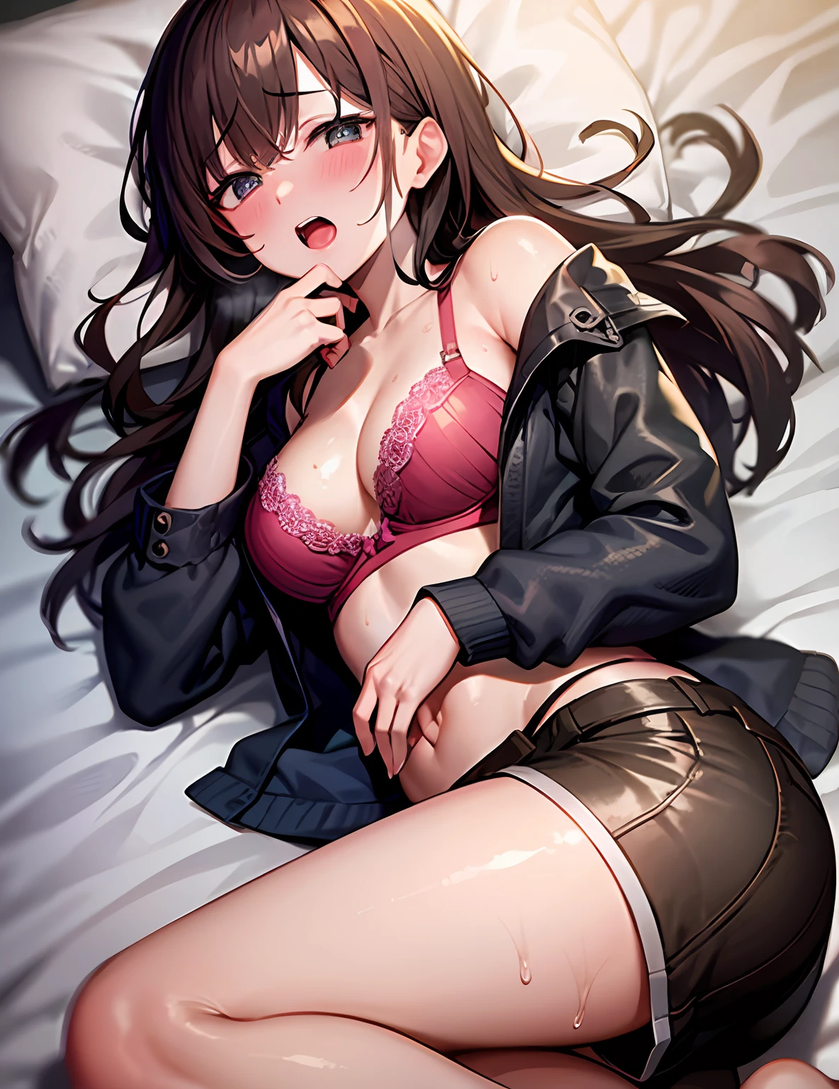 pov、Beautiful woman with brown hair in shorts and bra、Lying next to you in bed、Angle from above、beste-Qualit、masterpiece、8k、Beautiful pictures, (red blush), ,NSFW、Holding back from peeing、Open mouth、put out the tongue、Steam from the mouth、Sweat from the face、Patience is the limit、On the verge of climax、embarrassed from