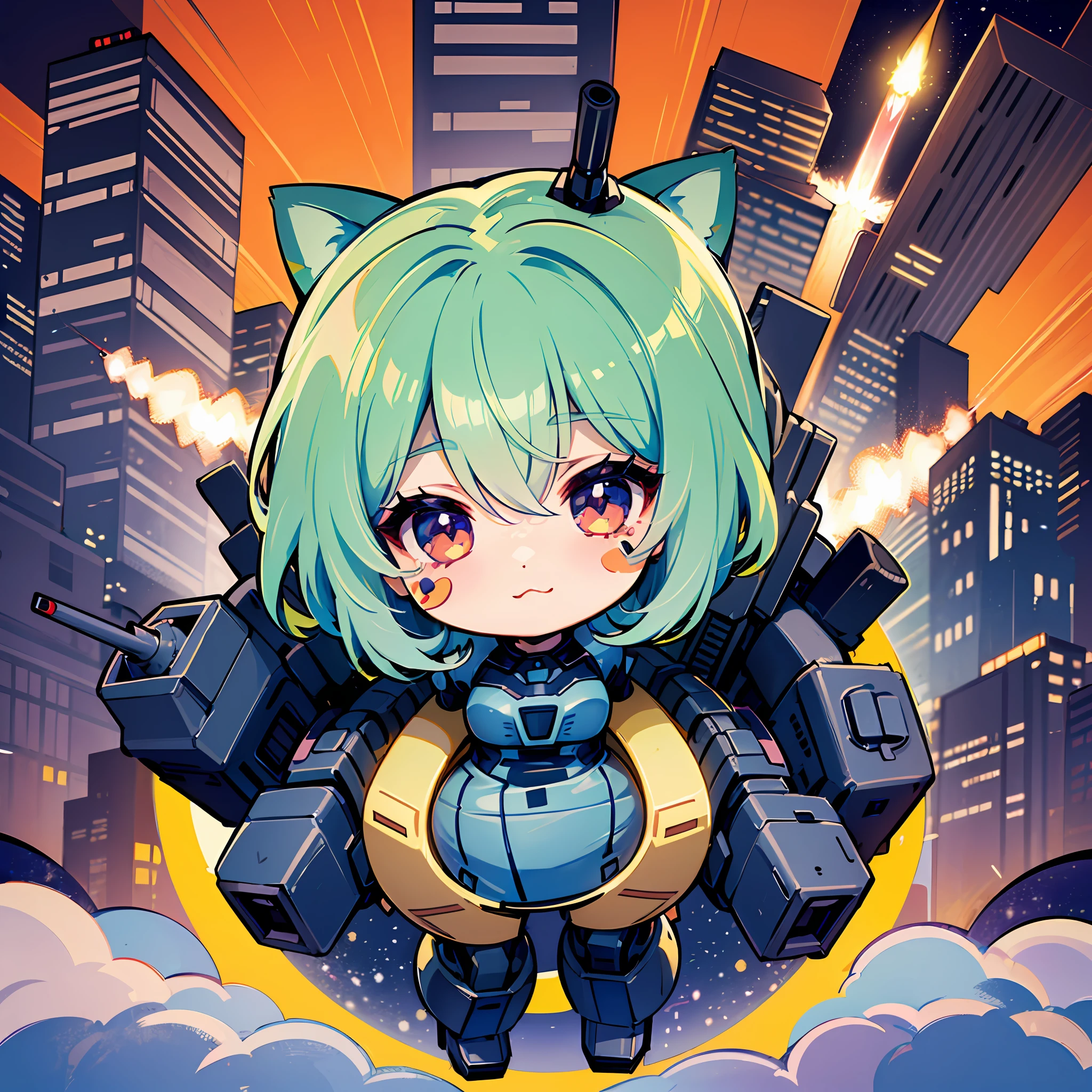 ((a sticker:1.5)))、((Chibi Chara))、(((missile pod)))、((Destroy the city))、Missile、fluffy、1girl in、Strongest、Chibi Chara、fullllbody、Pastel colors hair、Fairy tale、Fantastical、masuter piece、beste-Qualit、high picture quality