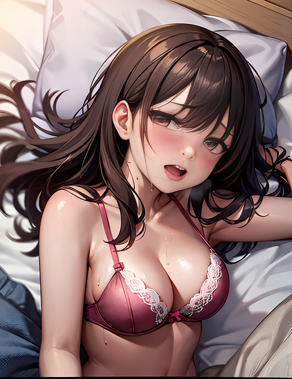 pov、Beautiful woman with brown hair in shorts and bra、Lying next to you in bed、Angle from above、beste-Qualit、​masterpiece、８ｋ、Beautiful pictures, (red blush), ,NSFW、Holding back from peeing、Open mouth、put out the tongue、Steam from the mouth、Sweat from the face、Patience is the limit、On the verge of climax、embarrassed from、Enemas、Tummy hurts