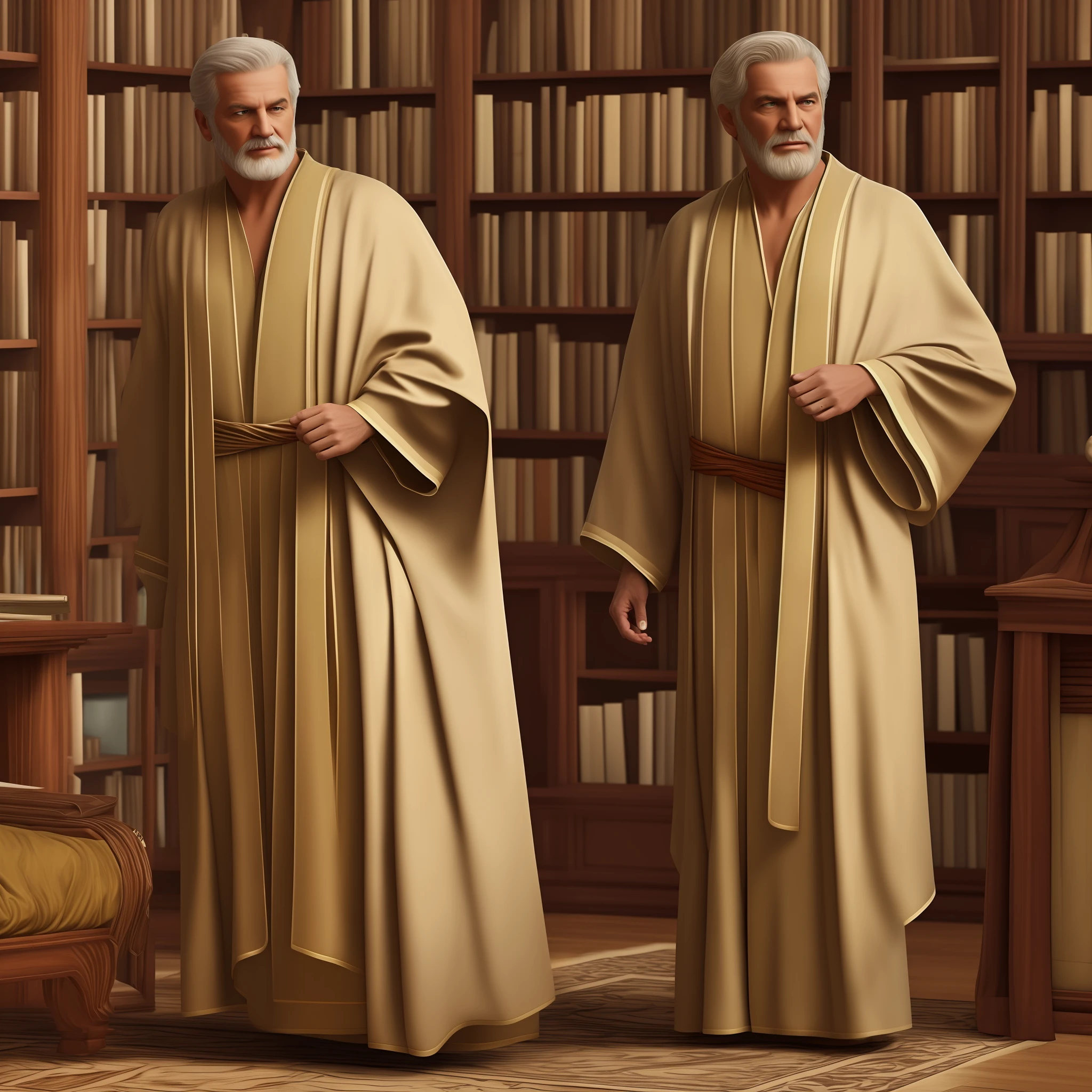 Make an older looking man and the ancient Greek robes in a library, imagem hiperrealista --auto
