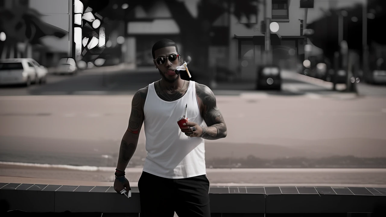 anime man with cigarette in hand, with the body tattooed in black with white tank top of black pants, com uma touca preta