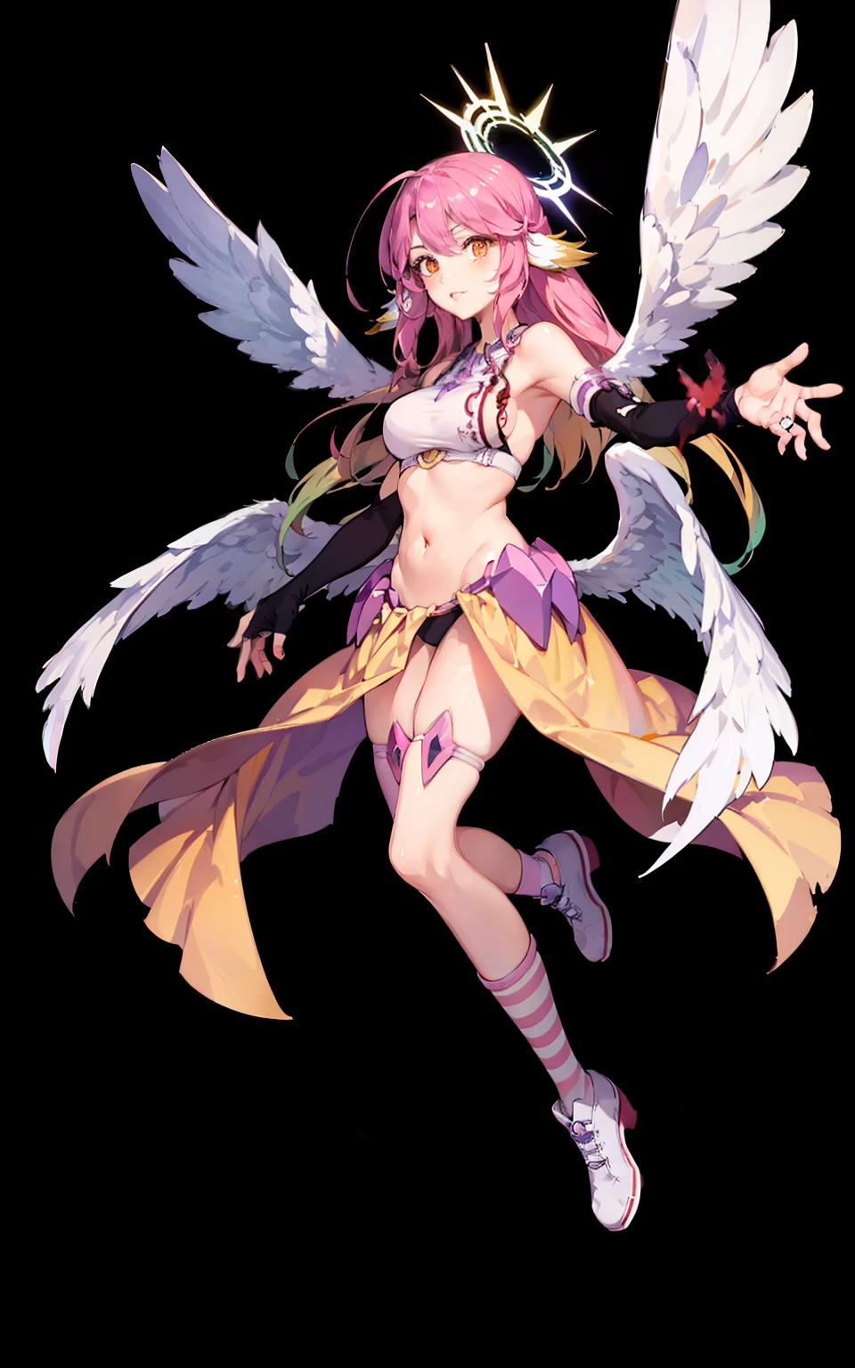 jibril 1girl, solo, long hair, breasts, sideboob, halo, pink hair, pink stocking, low wings, compass rose halo, wings, navel, book, gloves, bird ears, midriff, magic circle, asymmetrical legwear, angel, angel wings, animal ears, very long hair, yellow eyes, white wings, large breasts, mismatched legwear, single shoe, feathered wings, orange eyes, shoes, multicolored eyes, thighhighs, crop top, cross, multicolored hair, gradient hair, looking at viewer,