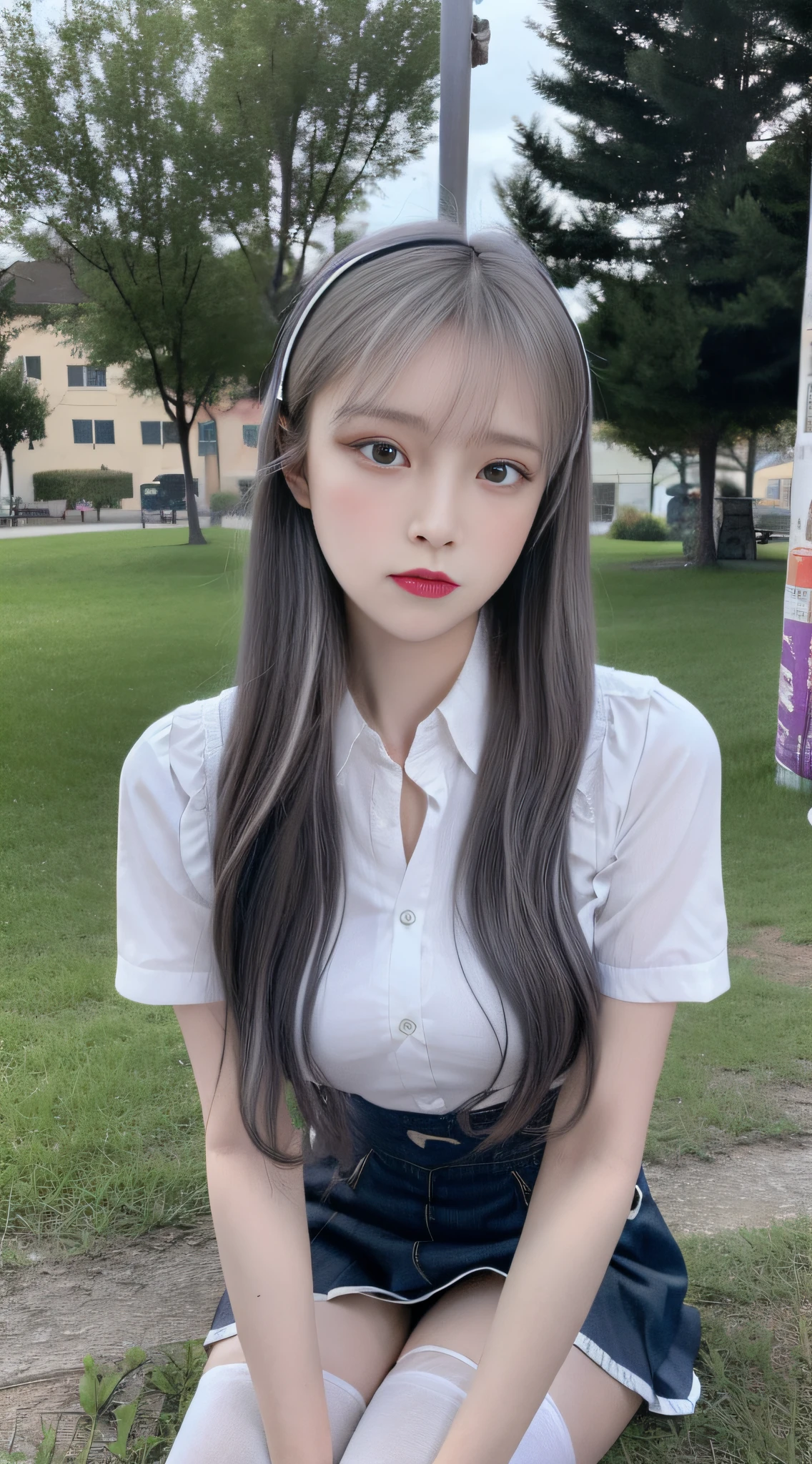 （true to life，Photorealistic 1.5）,((best quailty, 8K, tmasterpiece:1.3)), (双眼皮，largeeyes:1.3),（The expression is pitiful 1.5），（Aggrieved expression 1.5）Clear focus 1.2, Perfect body beauty:1.4 , Delicate skin1.1，（Ball head 1.2），（Delicate facial features1.4），（Pure desire 1.3）White school uniform，denim short，Knee-length black stockings，Stand at Lavender Manor（Flowers all over the ground 1.5）