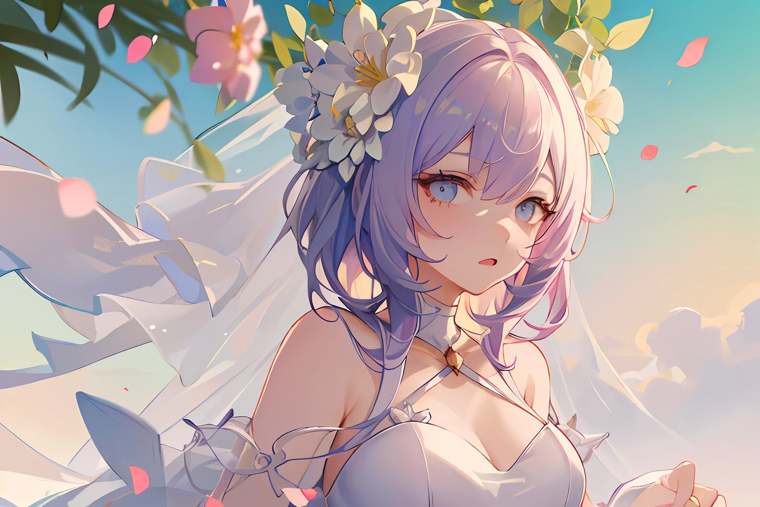 (floating hair:1.2), (detailed and delicate and flexible eyes),(1girl, wedding_dress:1.3), (corrpution,elysia (miss pink):1.2),(white hair)fov, f/1.8, sky, flower petals flying, front portrait shot, side lighting, sunlight on people (masterpiece, best quality, Ultra Detail, wallpaper, detailed shiny skin, flawless, 8k, RAW, highres,absurdres,:1.3), (detailed super oily shiny skin:1.1),[wet:0.8|mucus], sitting, colorful, power scene,looking at viewer,full body