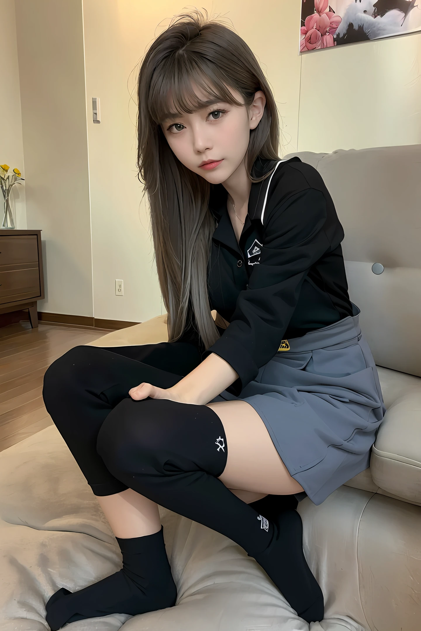 HighestQuality,masterece-piece,Black cotton socks,black long straight hair,sailorsuit,without wearing shoes,animel,Gray eye