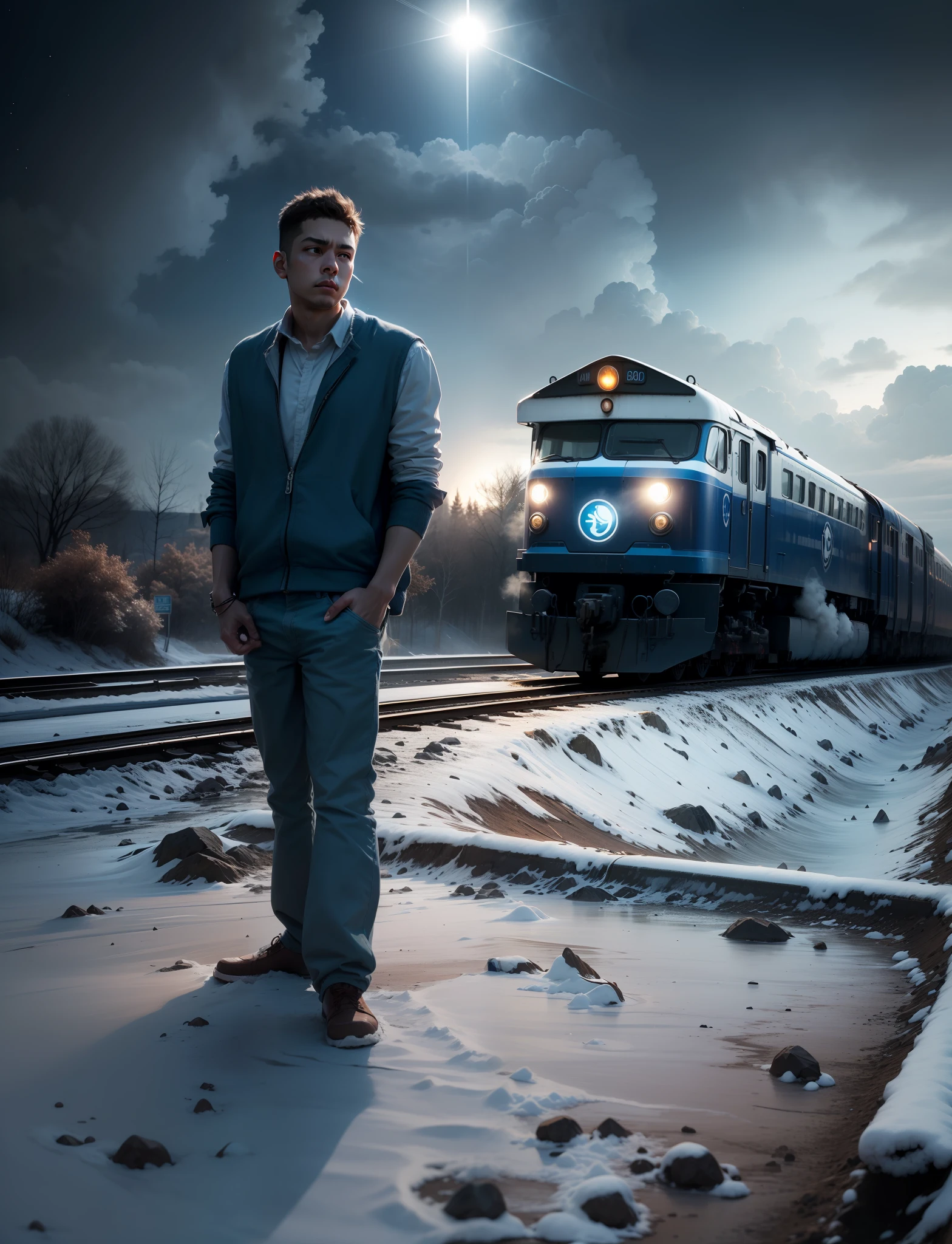 Boy still Background sky dark blue train light on airplane in sky
