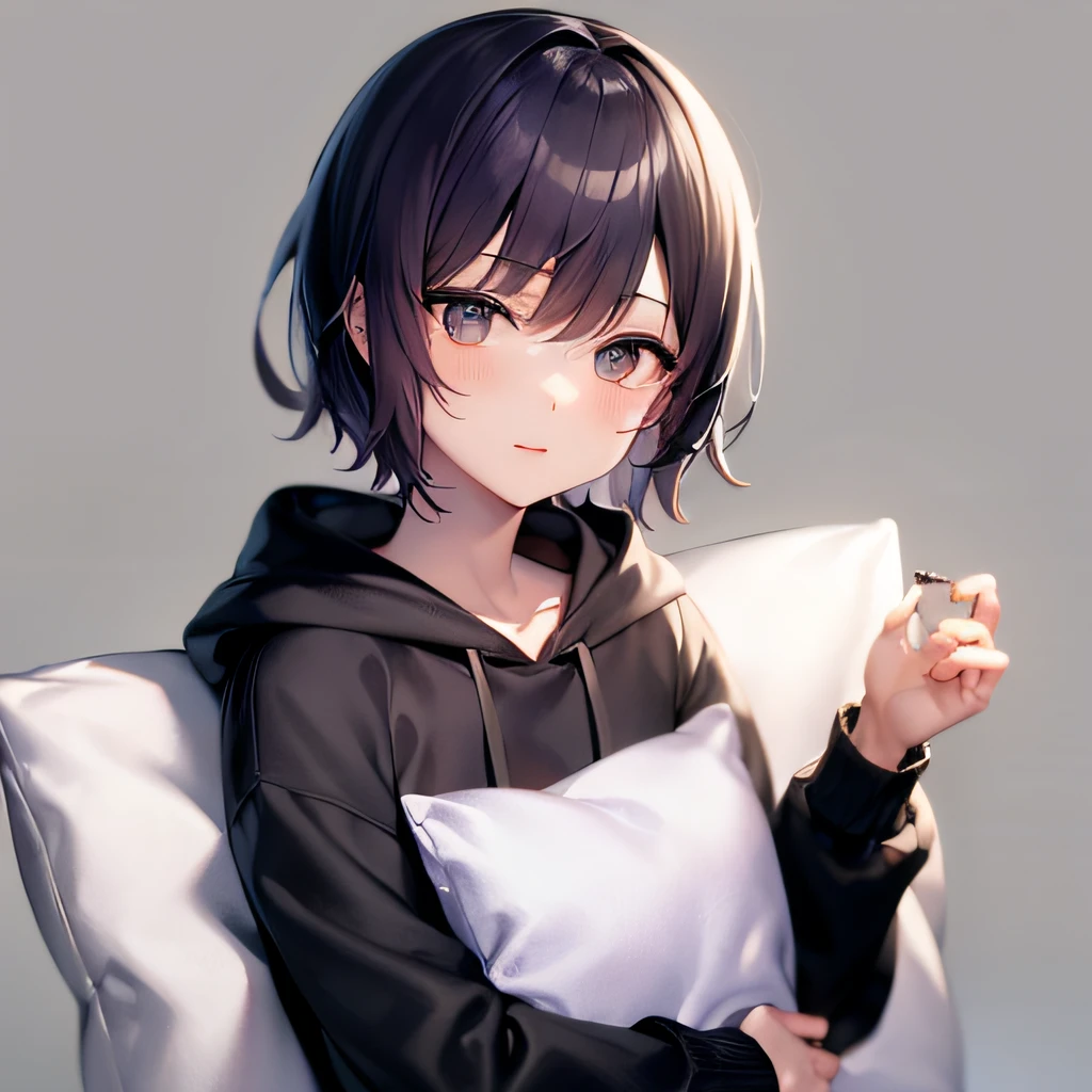 beste-Qualit, ​masterpiece, Kiri Light Mash, 独奏, 1 boy, black eyes, Black hoodie, (Chibi:0.6), Light purple hair, a sticker, Emoji, cute little, white backround, ((Holding a pillow))