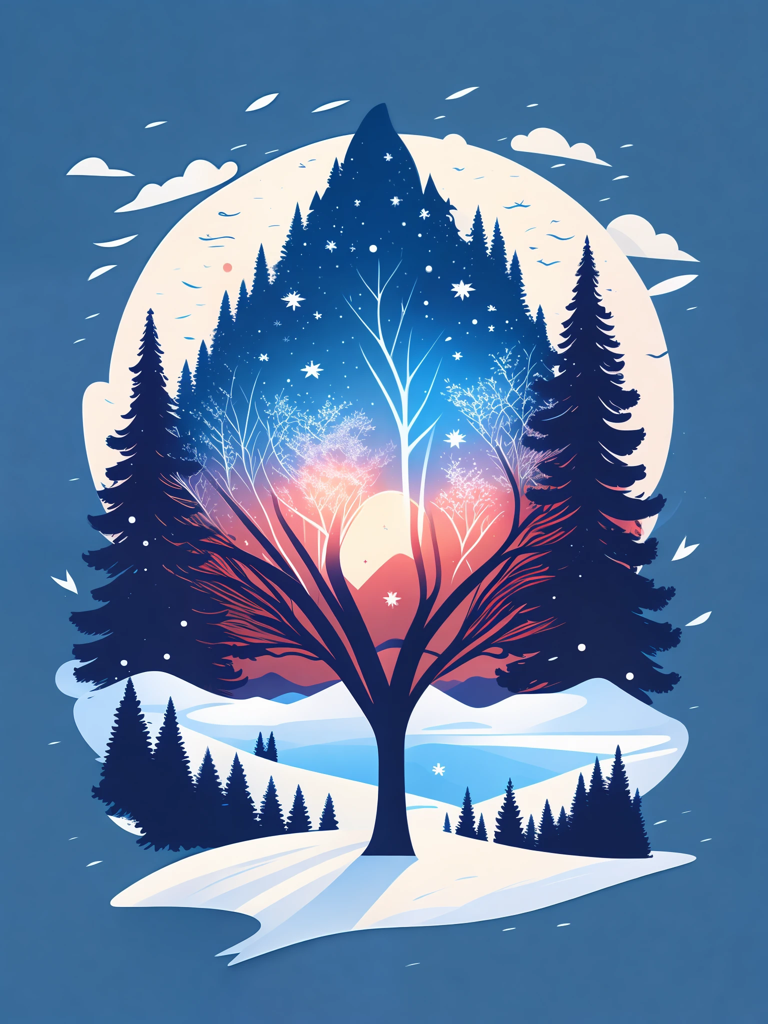 a spruice tree in a winter landscape, tshirt design, rzminjourney, vector-art
