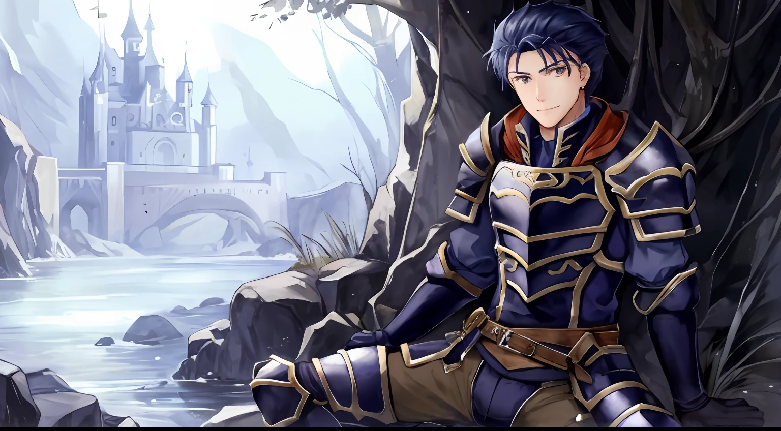 Hector Fey, 独奏, looking looking at viewer, ssmile, mitts, 1 man,Sit straddled(Spread her legs), Male focus,Tentacles wrapped around thighs, cloaks, Armour, Shoulder armor,Soaked leggings, Castle view