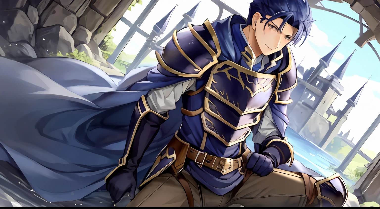 Hector Fey， 独奏， looking looking at viewer， ssmile， mitts， 1 man，Sit straddled（Spread her legs）， Male focus，Tentacles wrapped around thighs， cloaks， Armour， Shoulder armor，Soaked leggings， Castle view