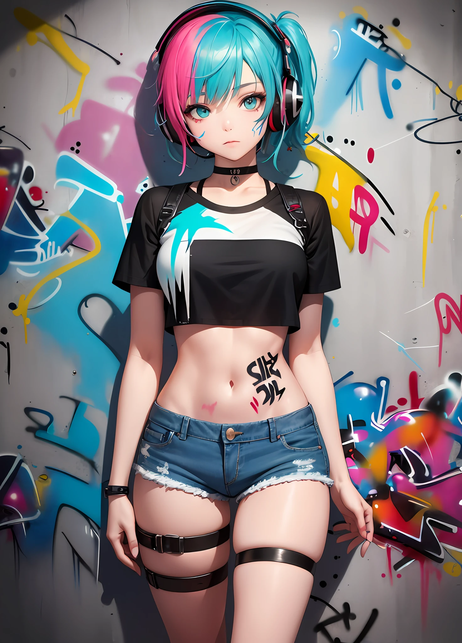 masterpiece, best quality, 1girl, solo, crop top, denim shorts, choker, (graffiti:1.5), paint splatter, arms behind back, against wall, looking at viewer, armband, thigh strap, paint on body, head tilt, bored, multicolored hair, aqua eyes, headset,