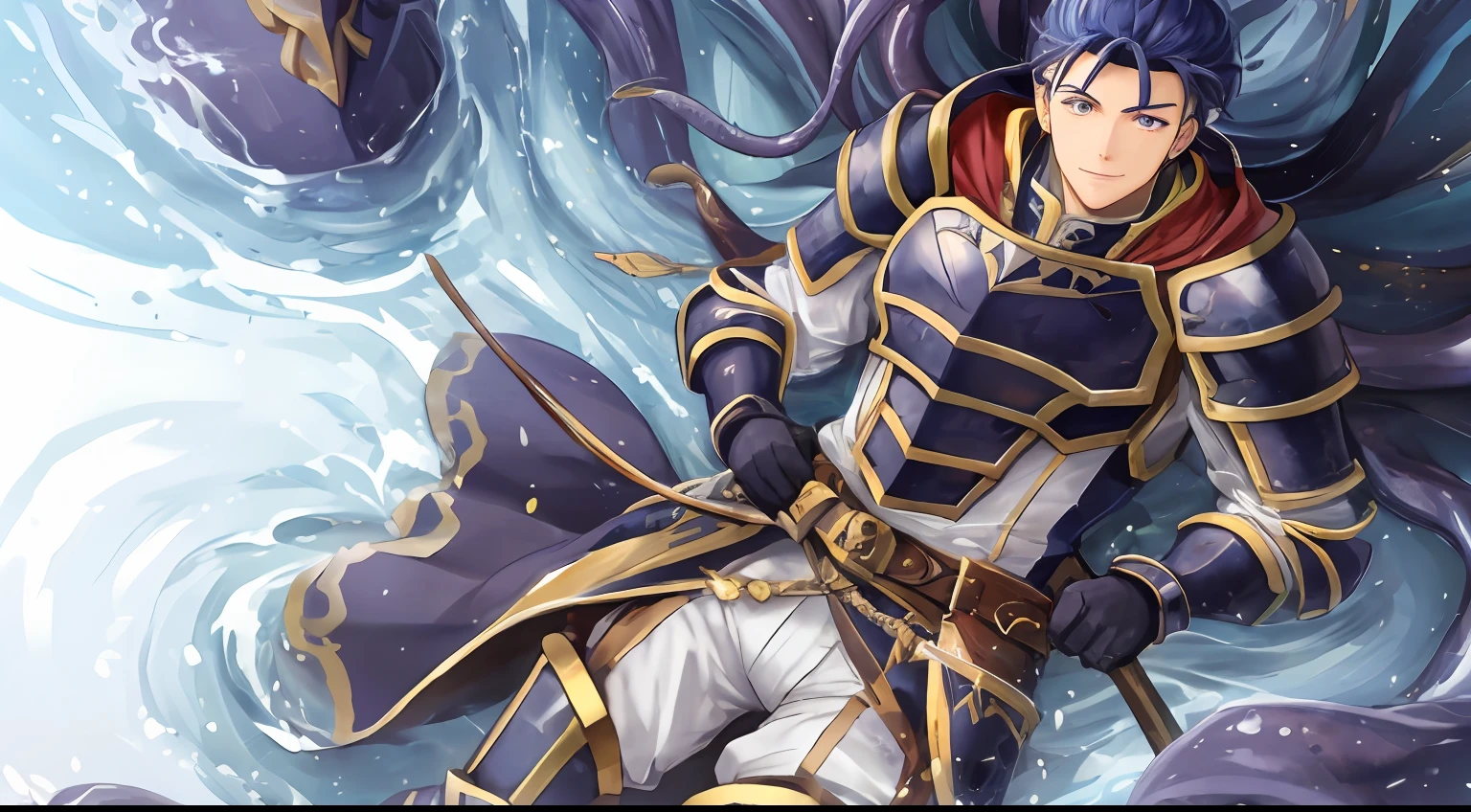 Hector Fey, 独奏, looking looking at viewer, ssmile, mitts, 1 man, Covered in white slime,Male focus,Tentacles wrapped around thighs, cloaks, Armour, Shoulder armor,