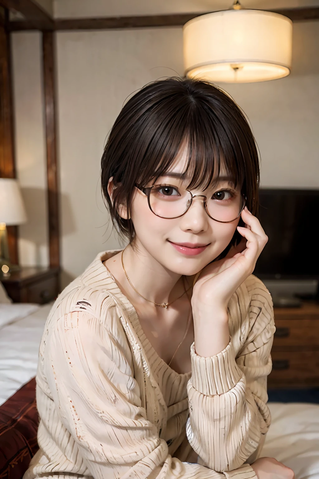 Japan girls in casual clothes in a hotel room at night, watching the viewer, (highest quality, masterpiece))), high resolution, very detail, masterpiece, cinematic lighting, (8K, highest quality, masterpiece: 1.2), (realistic, photorealistic: 1.37) Hi-Res, Super Detail, 1 Girl , Woman with glasses, Thin Frame Round Glasses, Light Color Glasses Frame, Asian, Cute, cute face, solo, short hair 1.2, textured skin, beautiful smile, beautiful detailed sky, detailed café, night, movie lighting, depth of field, lens flare light, sitting in bed, dating, (blushing nose), (smile: 1.15), small breasts (mouth closed), eyes with beautiful details, (sweater: 1.1), night, (short hair: 1.2), floating hair Novafrog style,