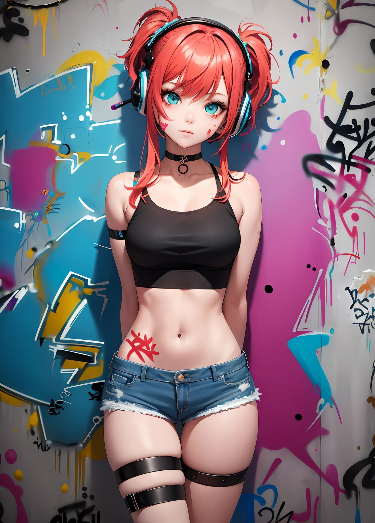 masterpiece, best quality, 1girl, solo, crop top, denim shorts, choker, (graffiti:1.5), paint splatter, arms behind back, against wall, looking at viewer, armband, thigh strap, paint on body, head tilt, bored, multicolored hair, aqua eyes, headset,