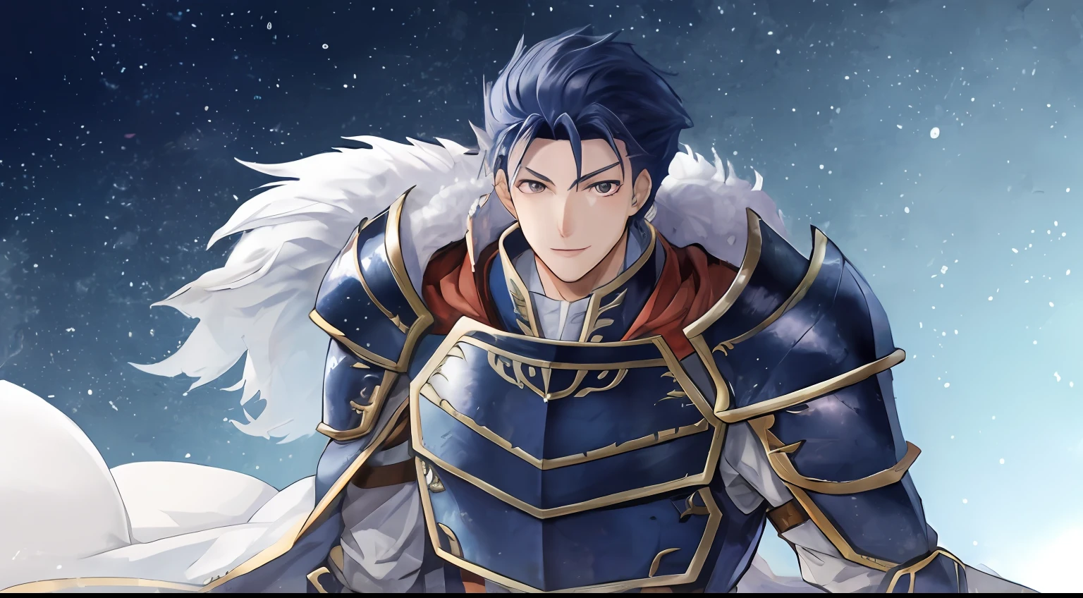 Hector Fey, 独奏, looking looking at viewer, ssmile, mitts, 1 man,Be red in the face,Male focus, cloaks, White armor, Shoulder armor,