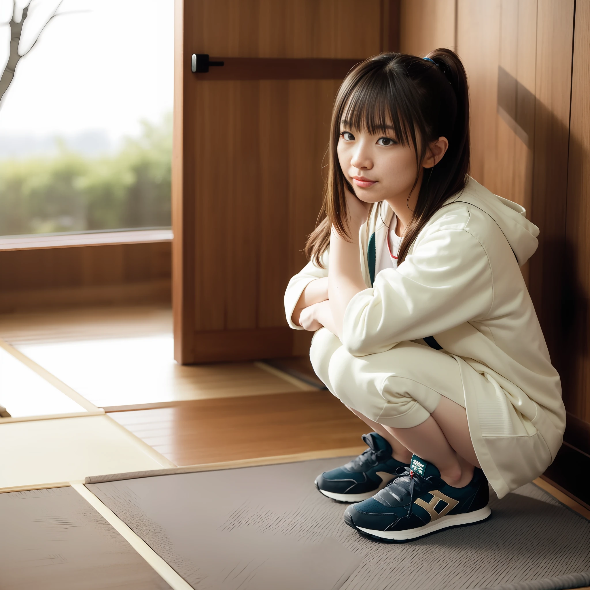Clumsy girl Squatting sneakers traditional Japanese room