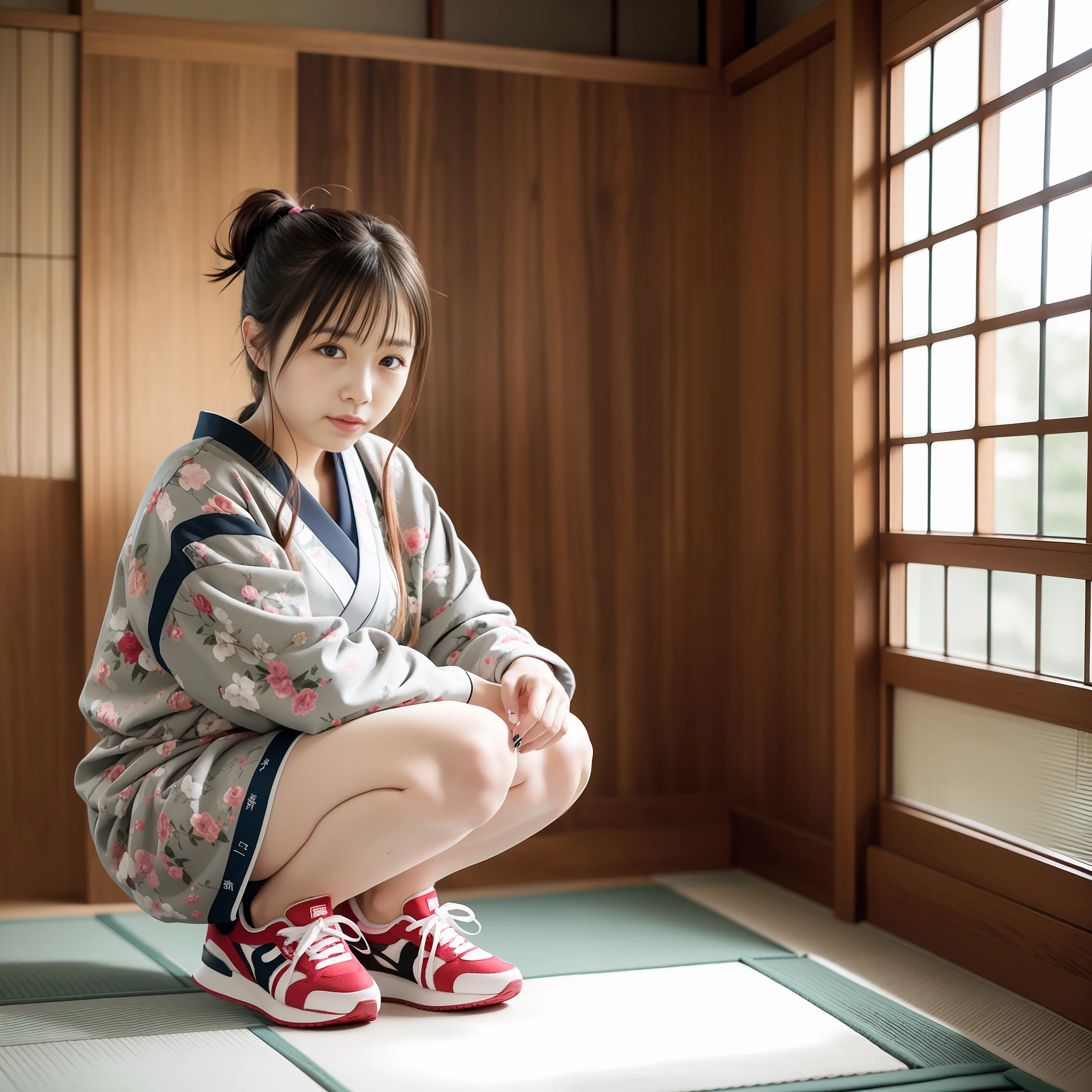 Clumsy girl Squatting sneakers traditional Japanese room