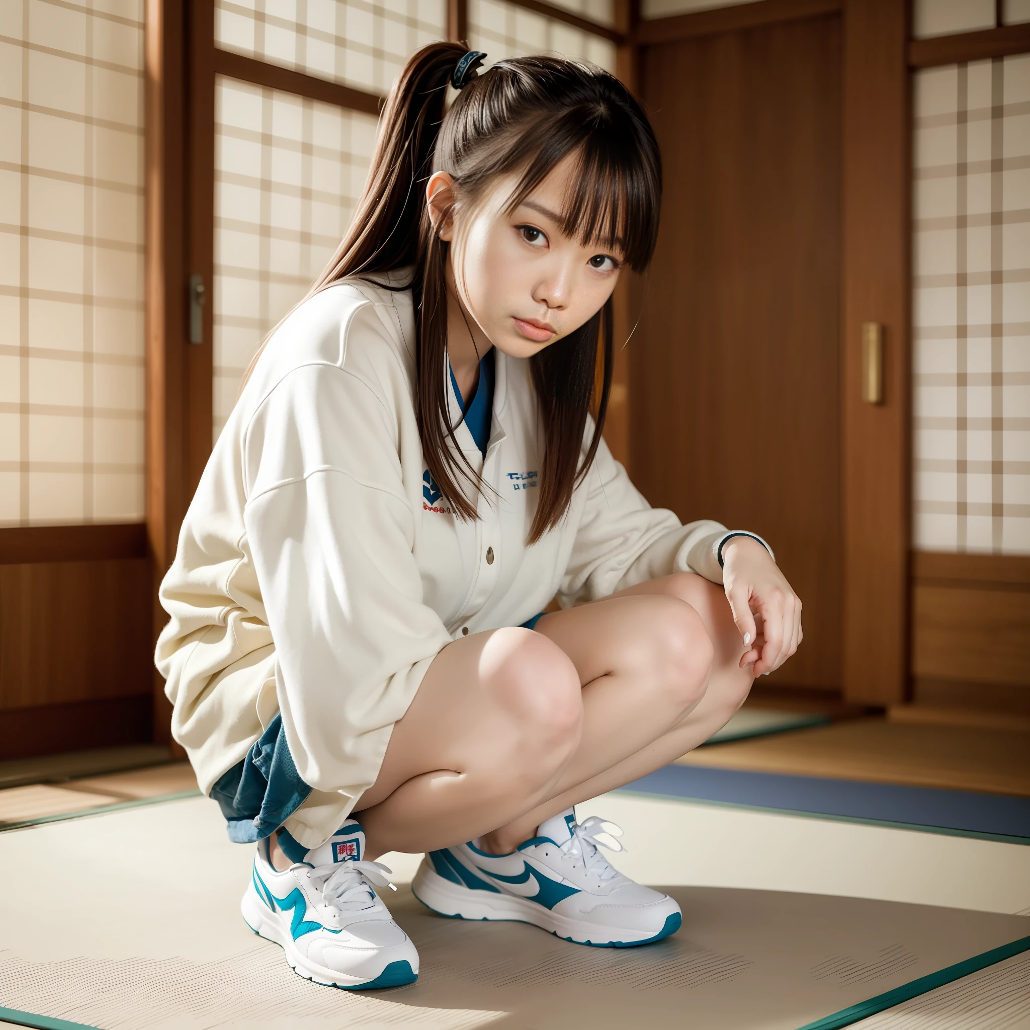 Clumsy girl　Squatting　sneakers　traditional Japanese room