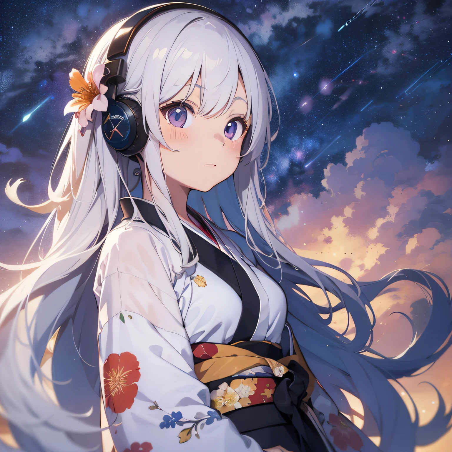 absurdres, perfect anatomy, very cute girl, solo, floral kimono, white long hair, headphone, flower hair, (starry sky backgroud:1.3), tachi-e, best quality, masterpiece, 8k, anatomically correct, 8k