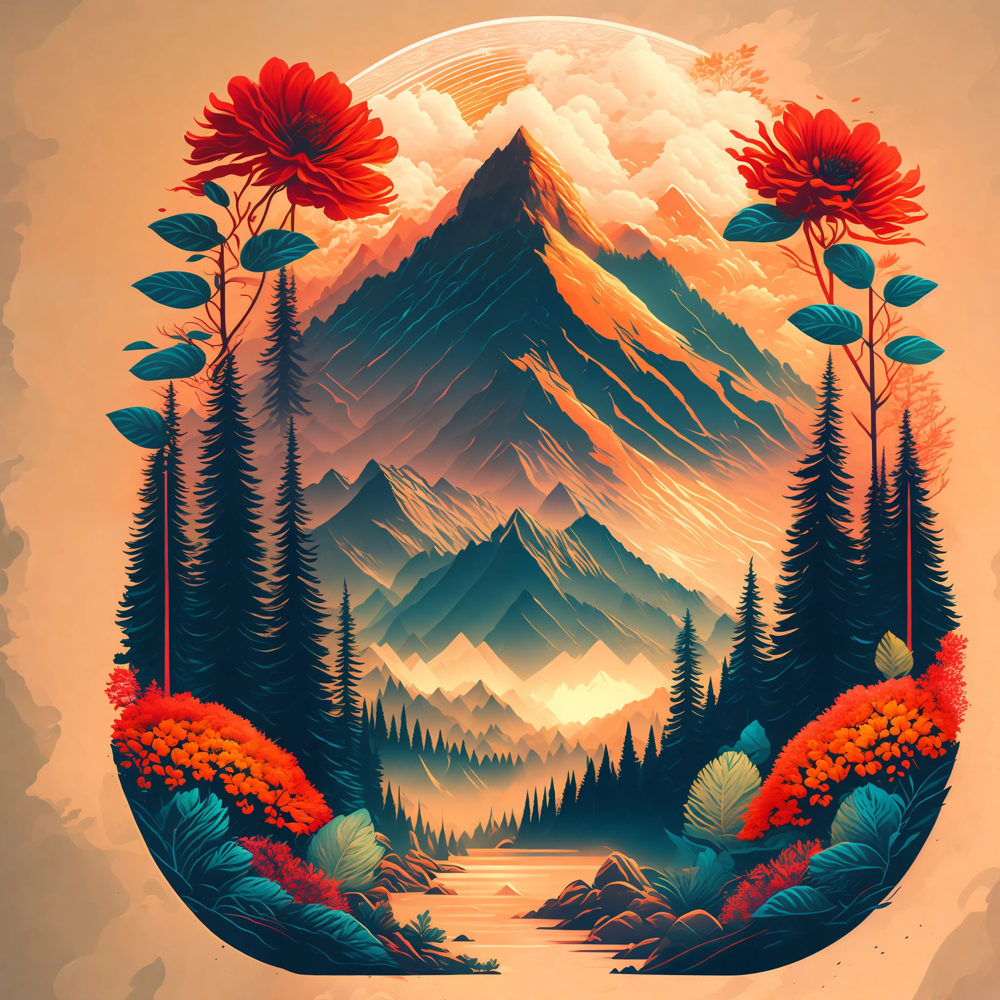 A forest in a summer landscape mountains and flowers, T-shirt design, midjourney, vector art, hydro74