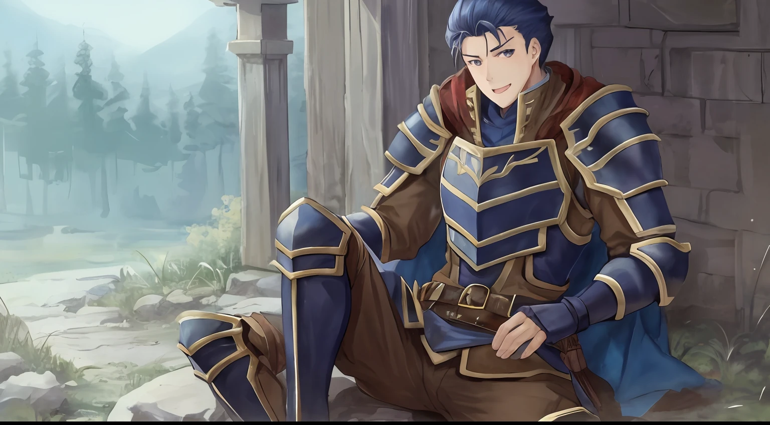 Hector Fey(adult man), 独奏, looking looking at viewer, ssmile, With his mouth open,droolng,mitts, 1 man,Sit straddled(Spread her legs), Male focus, cloaks, armour, Shoulder armor,