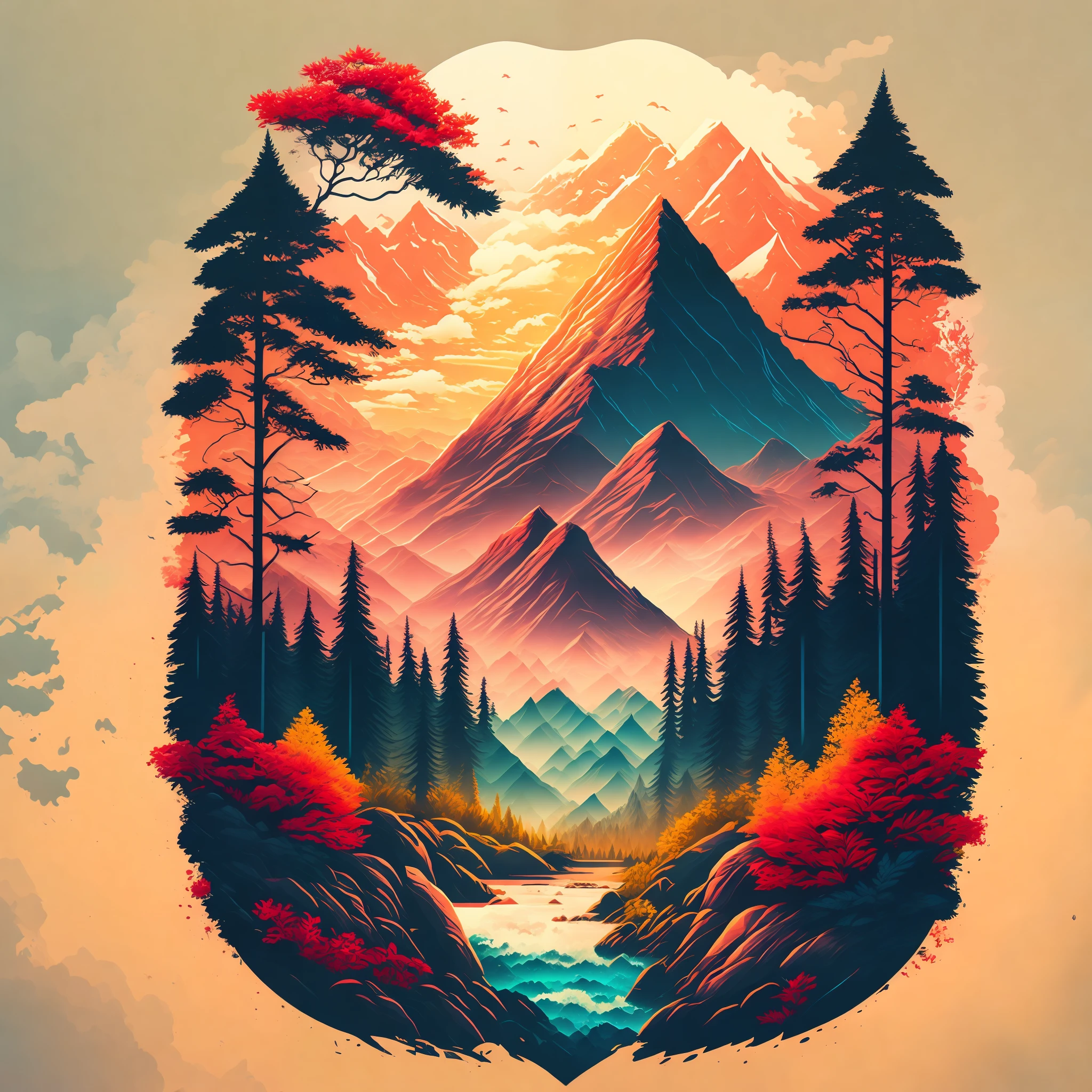 A forest in a summer landscape mountains and flowers, T-shirt design, midjourney, vector art, hydro74