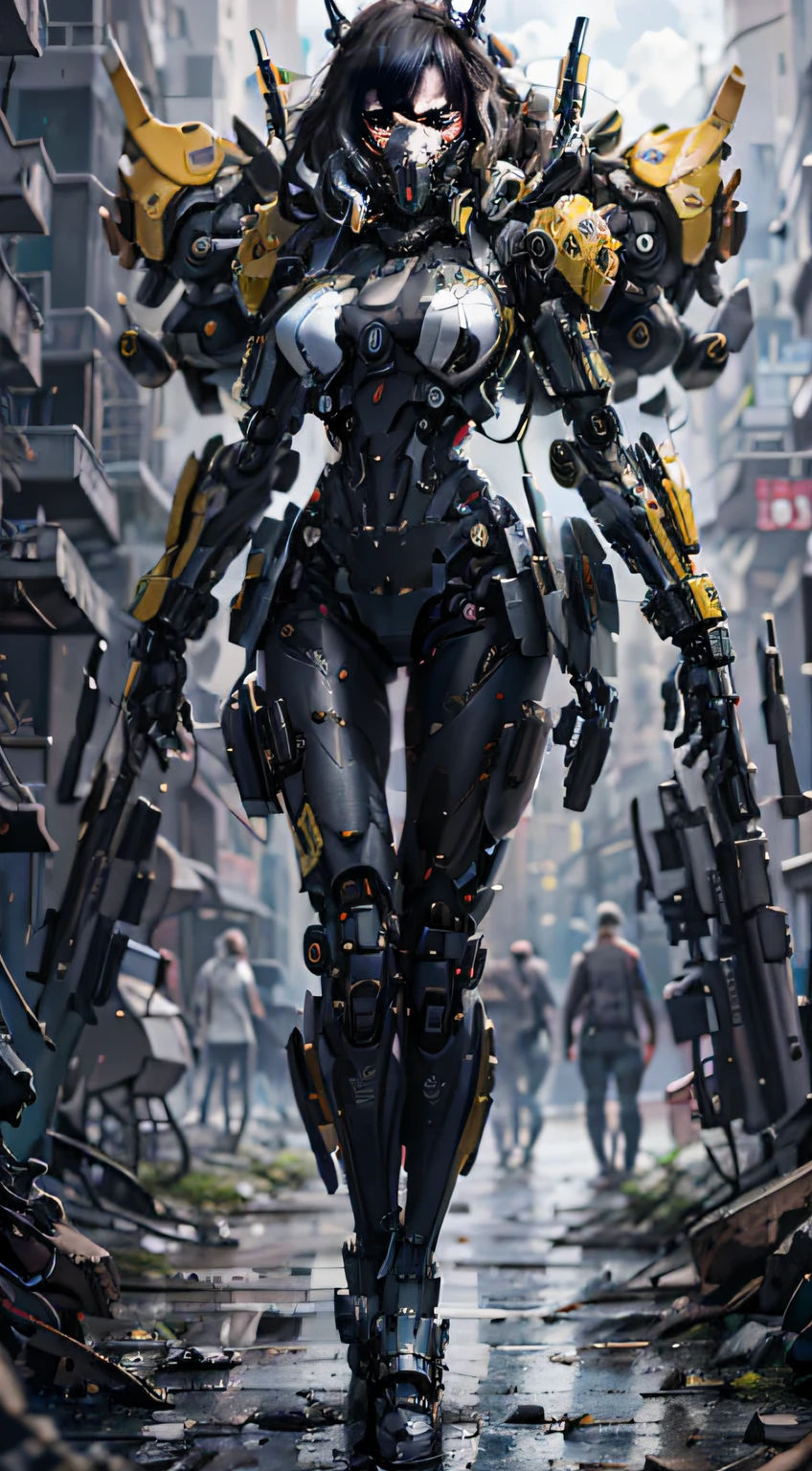 This is a CG Unity 8k wallpaper with ultra-detailed, high-resolution and top quality in cyberpunk style, dominated by black and red. In the picture, a beautiful girl with white messy short hair, a delicate face, wearing a steam mecha mask, standing on the ruins, behind her is a huge robot, and the action of a woman holding a heavy sniper rifle in her hand,