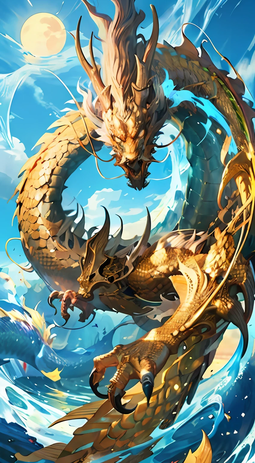 A logo、masterpiece、(background is gold:1)、Golden Chinese Dragon、Golden scales、golden body、very big red eyes、divine、the wind、Divinely、long wavy body、tusk、Fantasia、myth、hightquality、highly detaile、masterpiece、epic poem、Particle effect、Dynamic effects、Sun in the background、Face forward 、No Humans、One Dragon、 Front view, Photography, Natural light, Photorealism, Cinematic Rendering, Ray tracing, beste-Qualit, highest details, Cinematic, Blur effect, Long exposure, 8K, Ulutra HD, Natural lighting, Moody lighting, Cinematic lighting , (high key),only one dragon、The dragon's body is colorful and shiny、yawning face,