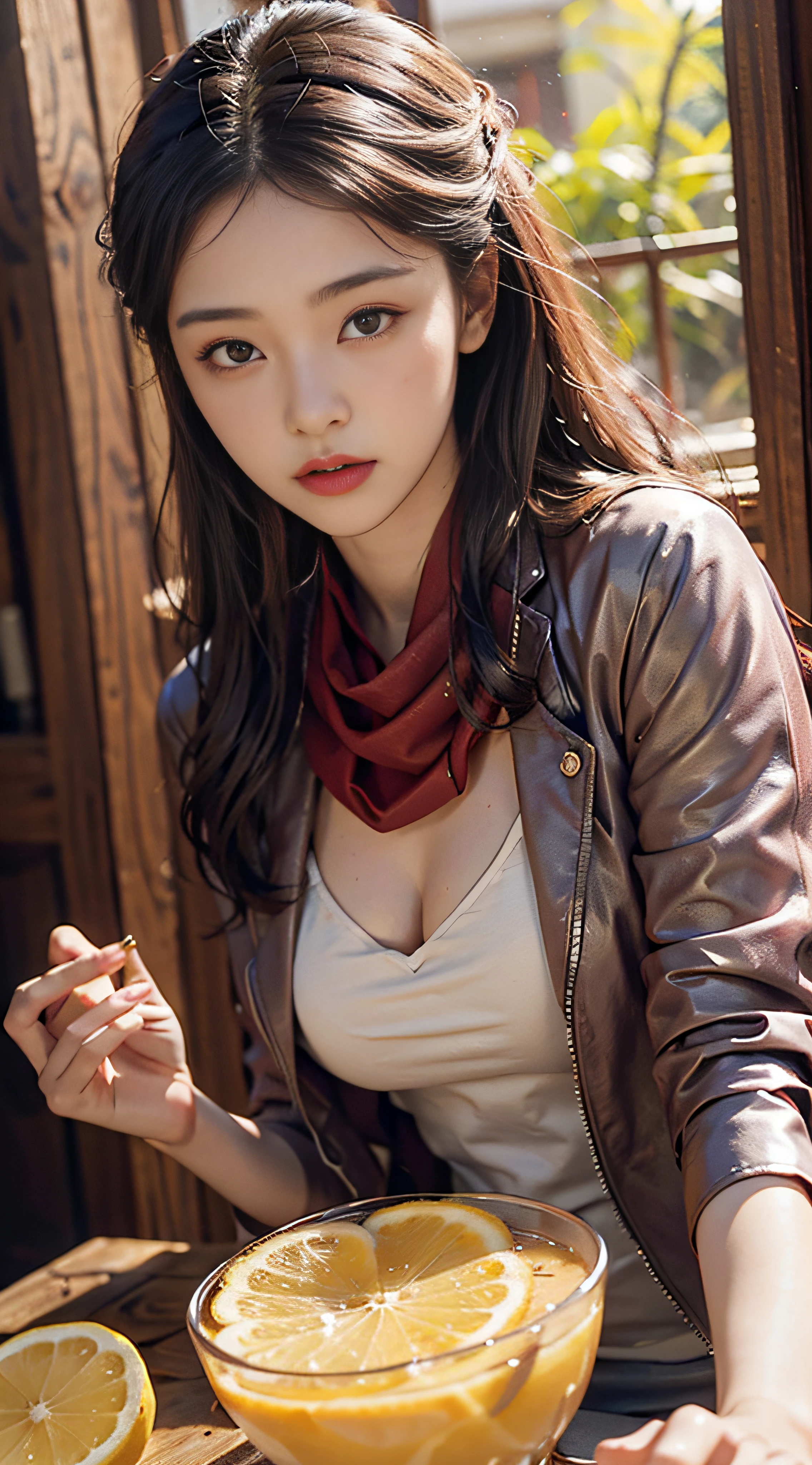 Super detailed close-up of women,1.4x fidelity,Super big breasts,HD clear,The resolution is very high,Wearing a burgundy leather jacket,Long hair shawl dark gray,glass,lemon tea,Lemon slices,