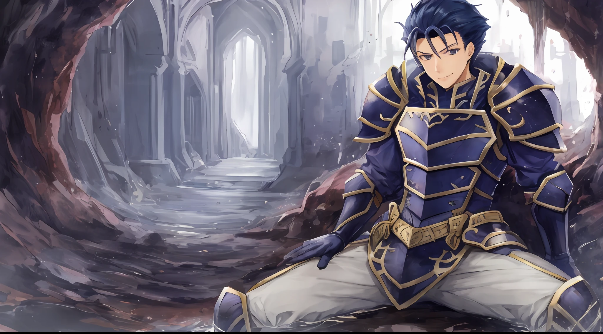 Hector Fey, 独奏, looking looking at viewer, ssmile, mitts, 1 man,Sit straddled(Spread her legs), Male focus,Tentacles wrapped around thighs, cloaks, Armour, Shoulder armor,Soaked leggings, Castle view