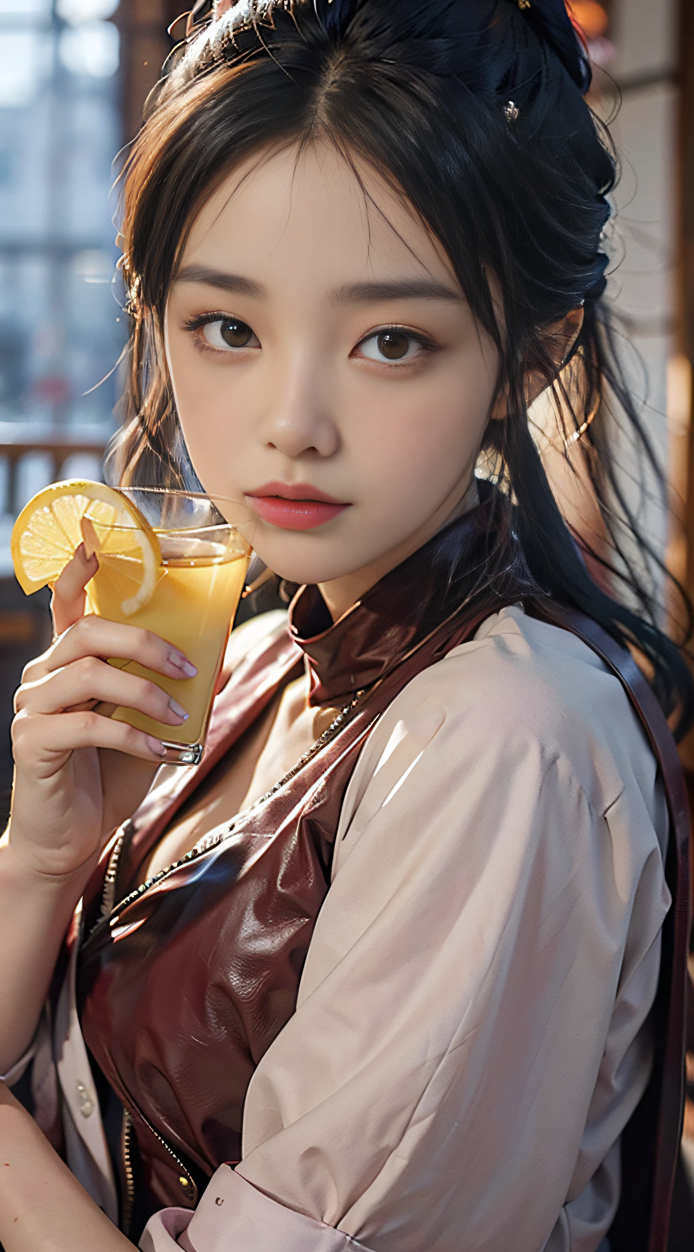 Super detailed close-up of women,1.4x fidelity,Super big breasts,HD clear,The resolution is very high,Wearing a burgundy leather jacket,Long hair shawl dark gray,Pour in the fresh lemon tea