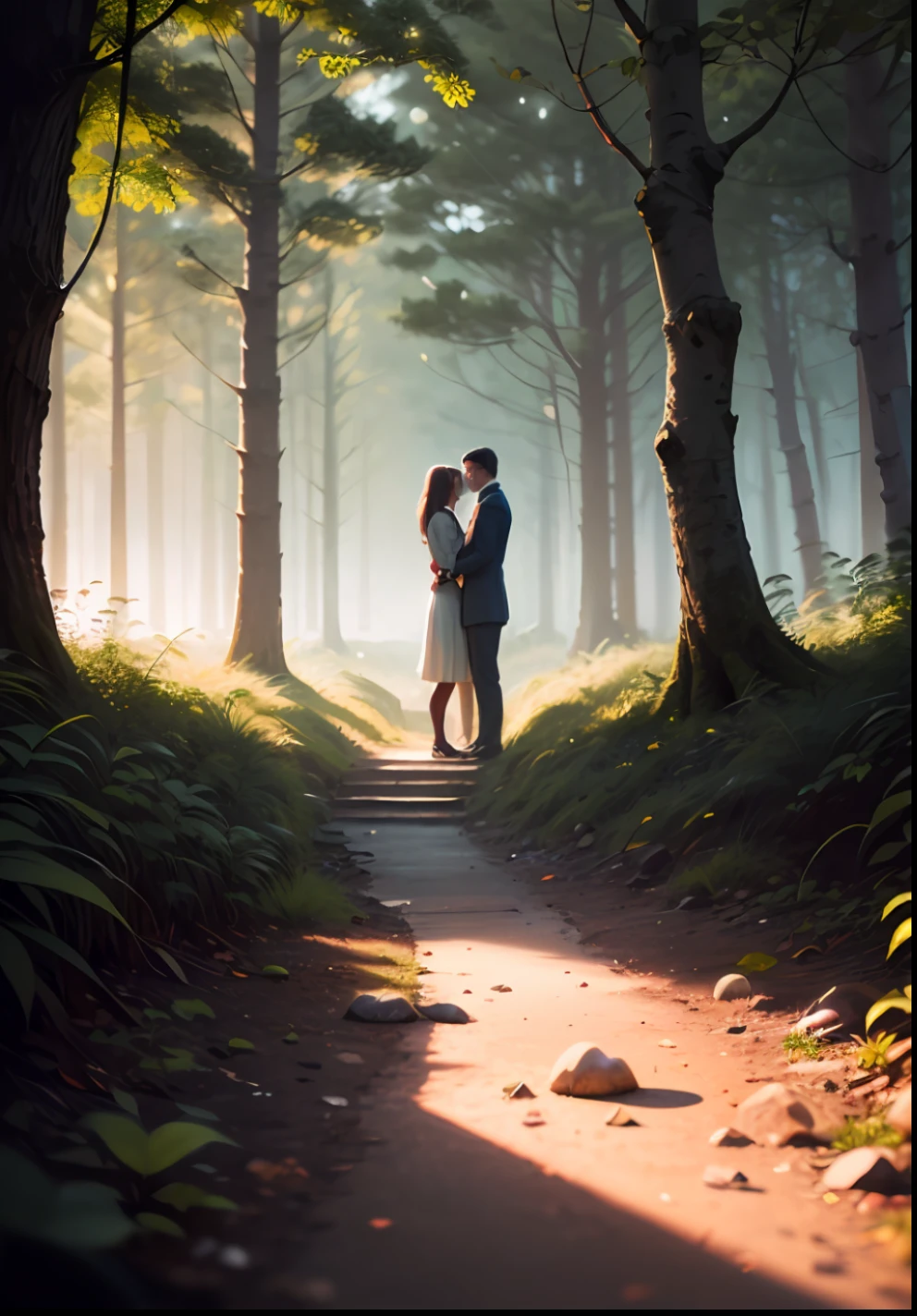 (Best quality),(masterpiece),(ultra detailed),(high detailed),(extremely detailed)"Twilight Serenade" Subject: An enchanting anime scenery featuring a serene twilight setting in a mystical forest Camera Equipment: - Camera: Mirrorless camera with exceptional low-light performance - Lens: Prime lens (e.g., 35mm) for capturing detailed scenery and characters - Tripod: Sturdy tripod for stability during long exposures Settings: - Aperture: f/2.8 for shallow depth of field and soft bokeh - Shutter Speed: 1/15 seconds for capturing the gentle motion and preserving details - ISO: 400 for balancing image brightness and noise control in low-light conditions Lighting: - Soft, diffused twilight lighting with a hint of warm hues - Subtle illumination from the moon and stars, casting a gentle glow on the scene - Specks of magical light, reminiscent of fireflies, dancing around the forest Composition: - Perspective: Eye-level or slightly elevated view to immerse the viewer in the scene - Focal Point: A clearing in the forest with a picturesque backdrop - Framing: Overhanging tree branches and foliage framing the scene Color Palette: - Muted and atmospheric colors with a blend of cool and warm tones - Hints of purples, blues, and pinks to capture the twilight ambiance - Soft greens and earthy tones for the forest elements Mood: - Tranquil and peaceful atmosphere, evoking a sense of calm and introspection - A touch of mystery and wonder, as if entering a hidden realm - Melancholic yet serene, conveying a bittersweet beauty Style: - Anime-inspired with intricate character designs and expressive facial features - Emphasis on the natural surroundings, portraying lush vegetation and detailed textures - Soft and painterly aesthetics, enhancing the dreamlike quality of the scene Additional Elements: - Characters: Young couple holding hands, their silhouettes blending with the surroundings - Luminescent flowers or mushrooms scattered across the forest floor, emitting a soft glow - --auto