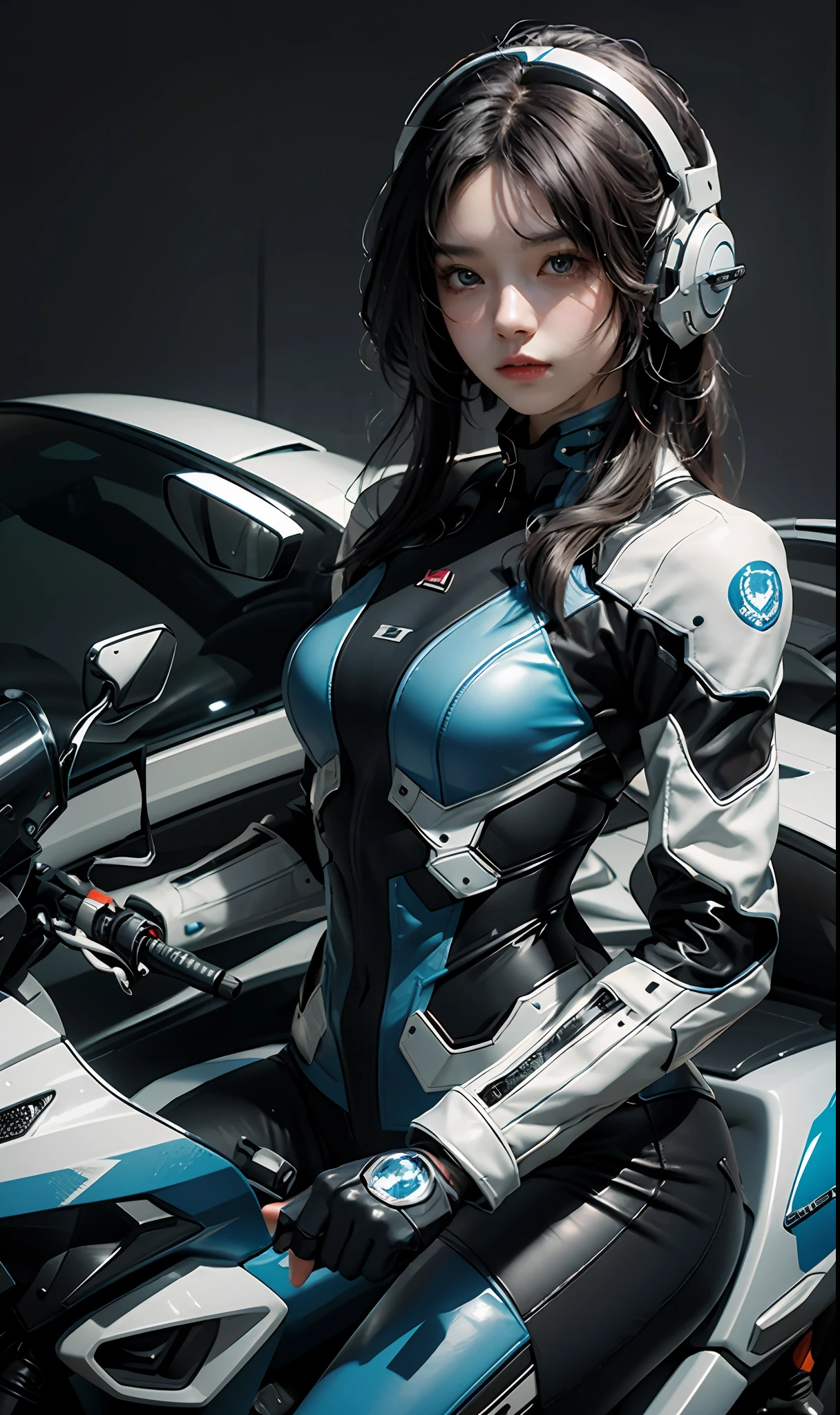 The highest image quality、Exceptional detail、super high-RES、(真实感:1.4)、The best illustrations、Favor the details、highly condensed 1girl、detailed and beautiful face、Dressed in black and blue mechs、wearing a mecha helmet、There is a direction controller.、Riding a motorcycle、The background is a high-tech lighting scene of a futuristic city。