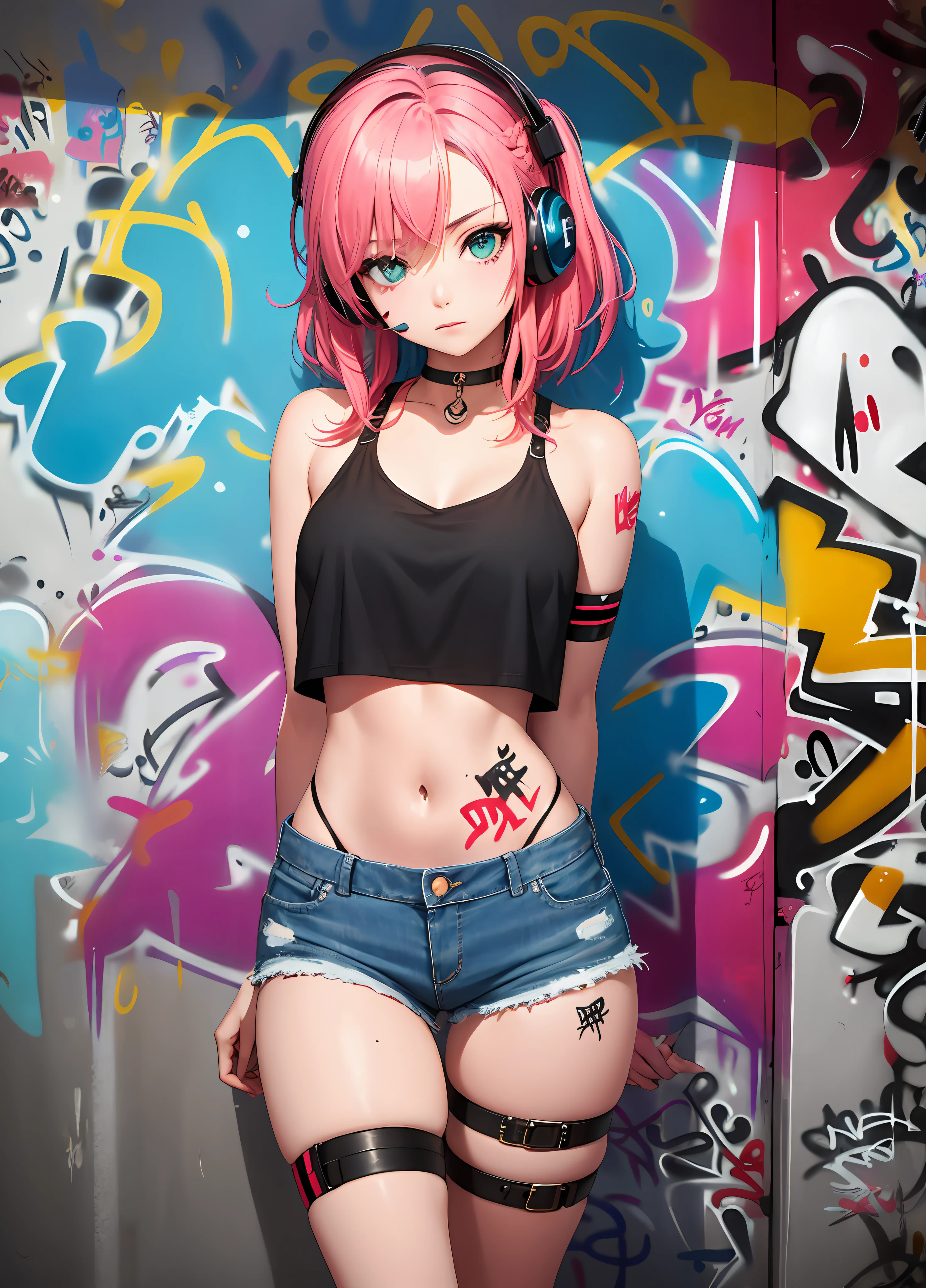 masterpiece, best quality, 1girl, solo, crop top, denim shorts, choker, (graffiti:1.5), paint splatter, arms behind back, against wall, looking at viewer, armband, thigh strap, paint on body, head tilt, bored, multicolored hair, aqua eyes, headset,