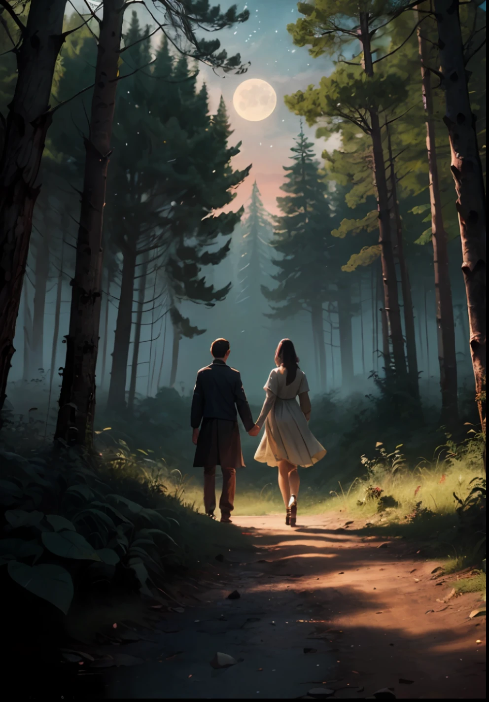 (Best quality),(masterpiece),(ultra detailed),(high detailed),(extremely detailed)"Twilight Serenade" Subject: An enchanting anime scenery featuring a serene twilight setting in a mystical forest Camera Equipment: - Camera: Mirrorless camera with exceptional low-light performance - Lens: Prime lens (e.g., 35mm) for capturing detailed scenery and characters - Tripod: Sturdy tripod for stability during long exposures Settings: - Aperture: f/2.8 for shallow depth of field and soft bokeh - Shutter Speed: 1/15 seconds for capturing the gentle motion and preserving details - ISO: 400 for balancing image brightness and noise control in low-light conditions Lighting: - Soft, diffused twilight lighting with a hint of warm hues - Subtle illumination from the moon and stars, casting a gentle glow on the scene - Specks of magical light, reminiscent of fireflies, dancing around the forest Composition: - Perspective: Eye-level or slightly elevated view to immerse the viewer in the scene - Focal Point: A clearing in the forest with a picturesque backdrop - Framing: Overhanging tree branches and foliage framing the scene Color Palette: - Muted and atmospheric colors with a blend of cool and warm tones - Hints of purples, blues, and pinks to capture the twilight ambiance - Soft greens and earthy tones for the forest elements Mood: - Tranquil and peaceful atmosphere, evoking a sense of calm and introspection - A touch of mystery and wonder, as if entering a hidden realm - Melancholic yet serene, conveying a bittersweet beauty Style: - Anime-inspired with intricate character designs and expressive facial features - Emphasis on the natural surroundings, portraying lush vegetation and detailed textures - Soft and painterly aesthetics, enhancing the dreamlike quality of the scene Additional Elements: - Characters: Young couple holding hands, their silhouettes blending with the surroundings - Luminescent flowers or mushrooms scattered across the forest floor, emitting a soft glow  - --auto