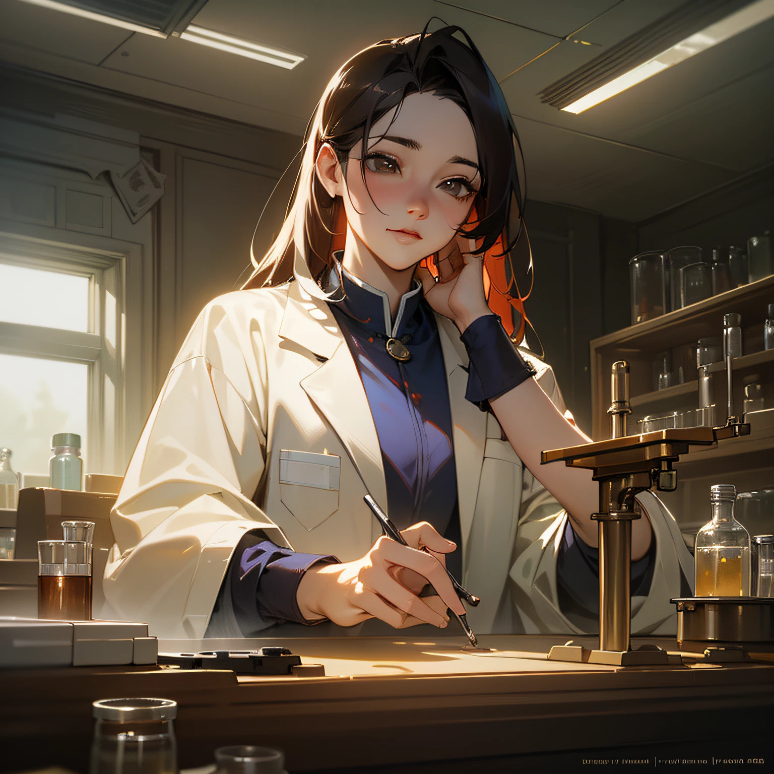 4K,High Quality,realistic,contrast,masterpiece,Sunshine,optimistic visuals,Craig Mullins,Wang Qian,18 years old,Gene Variant,Characteristic line,unactivated,indoor,laboratory,Lab coat,Neat hair,Expectant expression,Clench both hands,Sense of science and technology,equipment,instrument,mysterious,potential,Bright light,soft