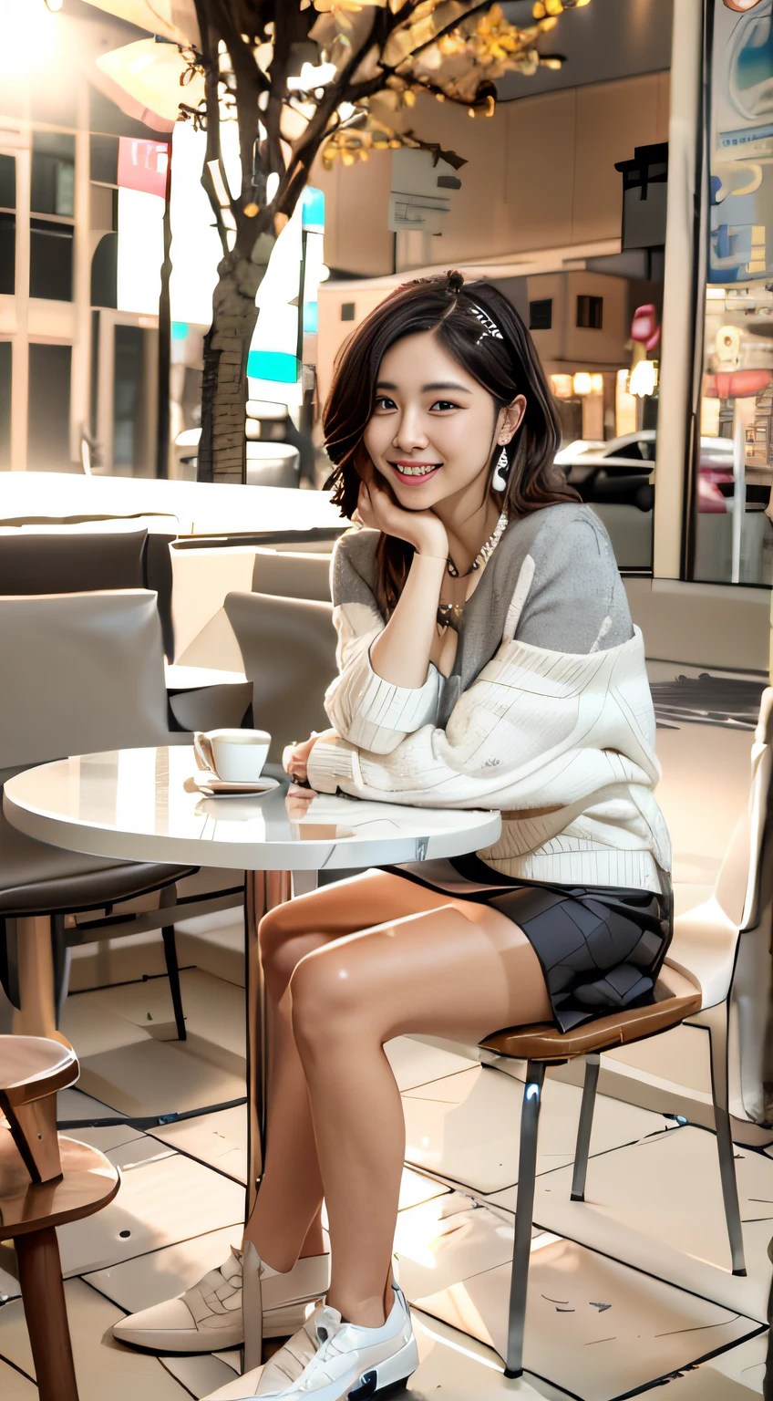 I'm smiling、White sweater、grey skirt