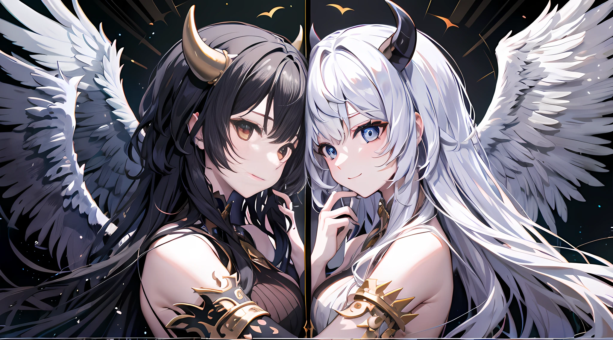 （2girls）, （Angels and demons）, （twins）, （Wings）, （Long silver hair and long black hair）, （Delicate glowing pretty face and delicate dark pretty face）, （Detailed eyes:1.2）（Angel head aperture and devil head top horn）, （White holy wings and black demon wings）, Hug together, （abundantly detailed:1.3）, Light smile, Evil smile, baroque, Abstractionism, Ray tracing, reflective light, blend, stereograms, reference sheet, move chart, projected inset, symetry, Cowboy shot, Caustics, Wide-angle, The ultra -The high-definition, 巨作, ccurate, Textured skin, Super detail, High details, High quality, A high resolution, 8K，ultra-definition