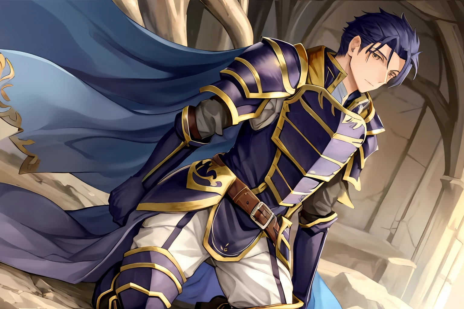 Hector Fey， 独奏， looking looking at viewer，look from down， mitts， 1 man， kneel，Male focus，Tentacles wrapped around thighs， cloaks， Armour， Shoulder armor，