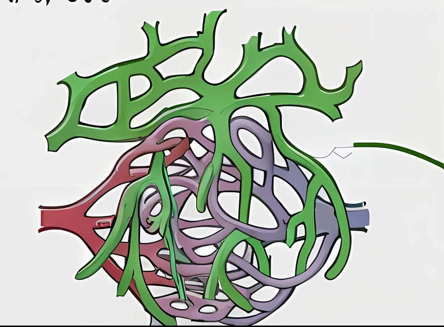 a diagram of the heart with the major vessels labeled, capillaries, cell animation, A digital rendering, complex system of order, cellular structures, rhizomatic network, CEL animation, dendritic, dendrites, voroni diagram, neuro, cell shaded art, cell biology, materpiece, cellshading, twisting organic tendrils, animated still,Anatomical correct,colors variation, --auto