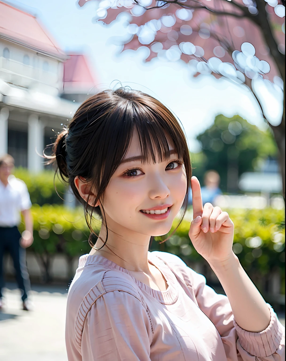 woman posing on cherry background, best quality, girl 1 asian, cute, cute face, textured skin, beautiful smile, bright, blurred background, dating, bokeh, outdoors, (street: 0.8), (people, crowd: 1), short hair 1.2, beautiful sky in detail, (dynamic pose: 1.2), (upper body: 0.8), soft lighting, wind, glossy skin, smile, cherry blossom, Beautiful fine eyes, (sweater: 1.1), (short hair: 1.2), floating hair Nova Frog style,
