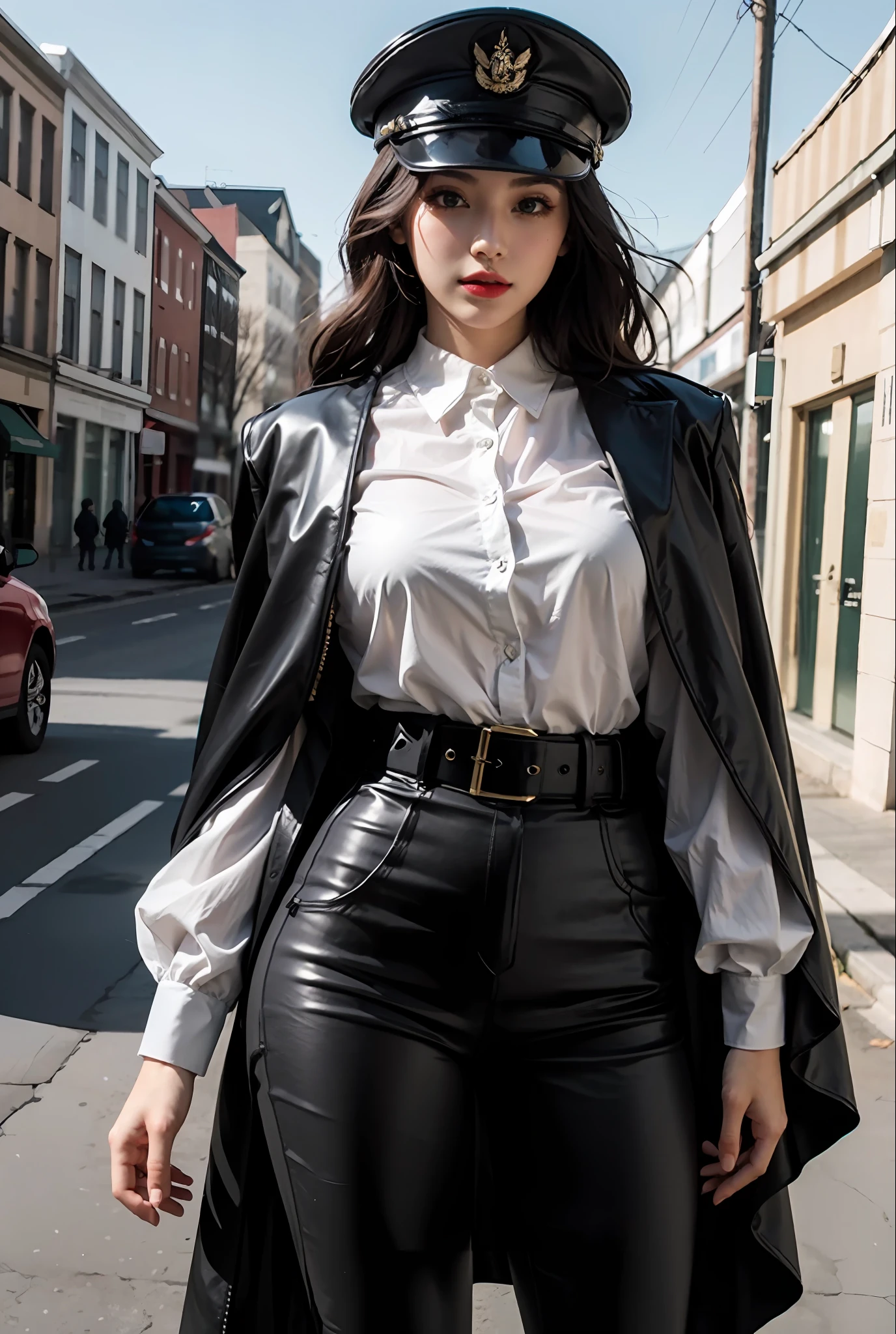 beatiful woman,Dress conservatively,white shirt,military hat,Black leather pants,Cloak,crpg,Cold and glamorous,Redlip,belt around waist,Capable,