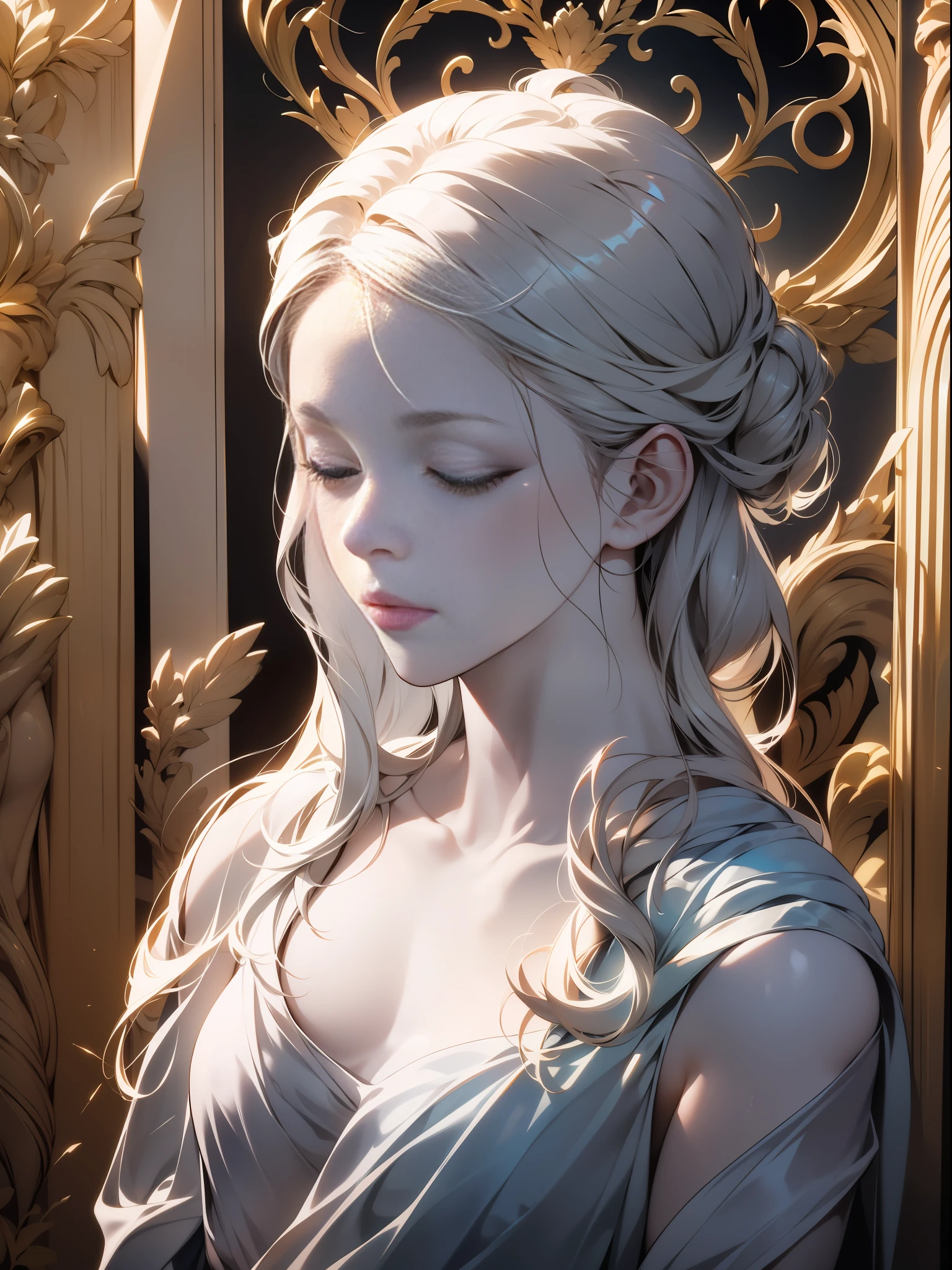 Marble statue of the goddess of the moon in the moonlight。Smooth silver hair tied back of her head。closed eye、a closed mouth、beautiful  face、detailed face with。busts。​masterpiece、High contrast、Detailed shading、cinematlic lighting、beste-Qualit、Top image quality。