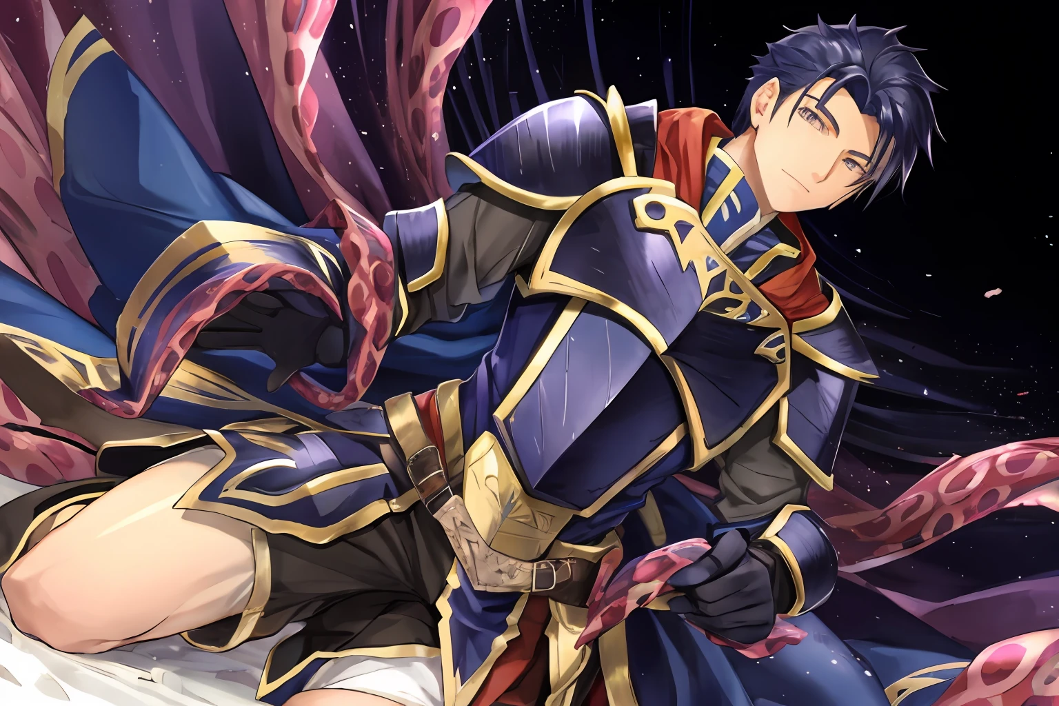Hector Fey， 独奏， looking looking at viewer，look from down， mitts， 1 man， kneel，Male focus，Tentacles wrapped around thighs， cloaks， Armour， Shoulder armor，